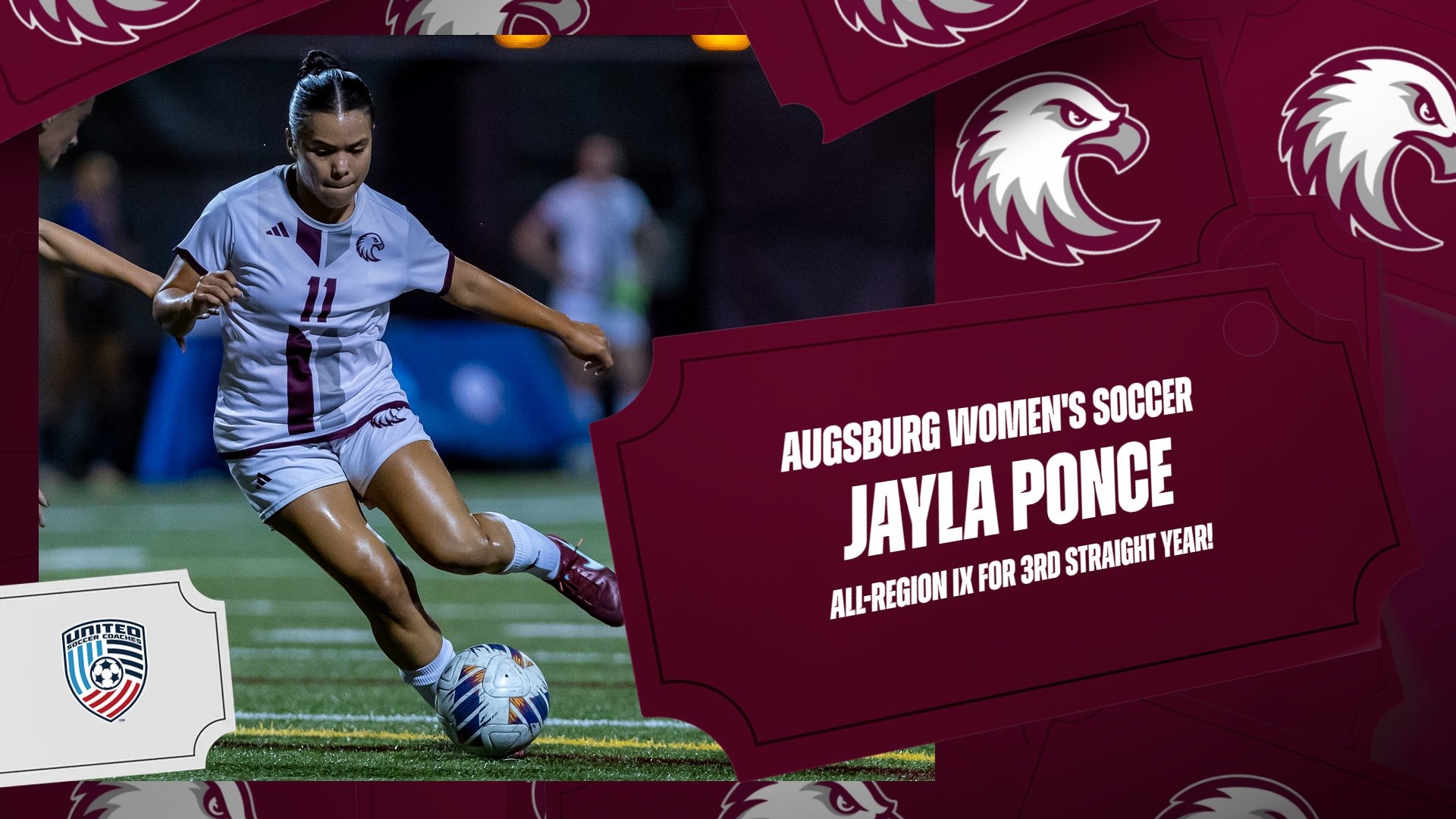 Action photo of Jayla Ponce. On the photo are the Augsburg and United Soccer Coaches logos, and the text: 