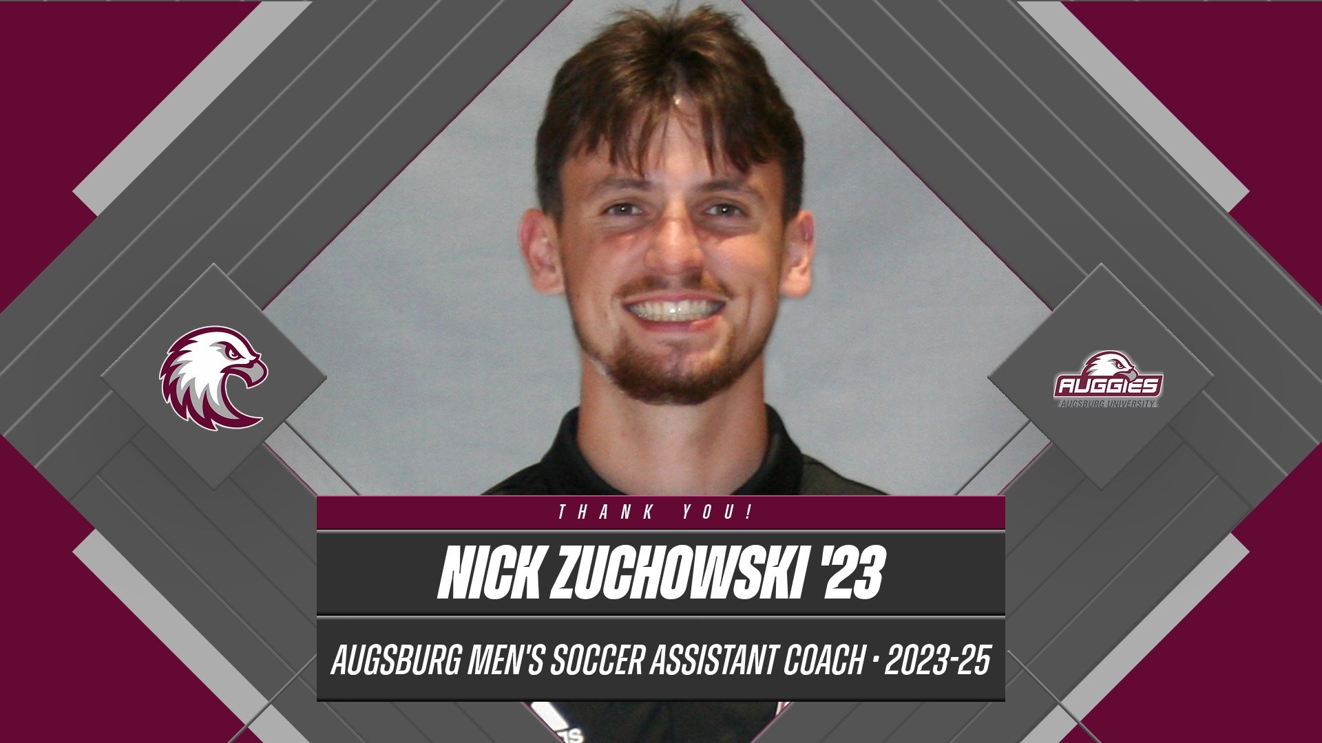 Mugshot of Nick Zuchowski. On the photo are the Augsburg athletics logos and the text: 