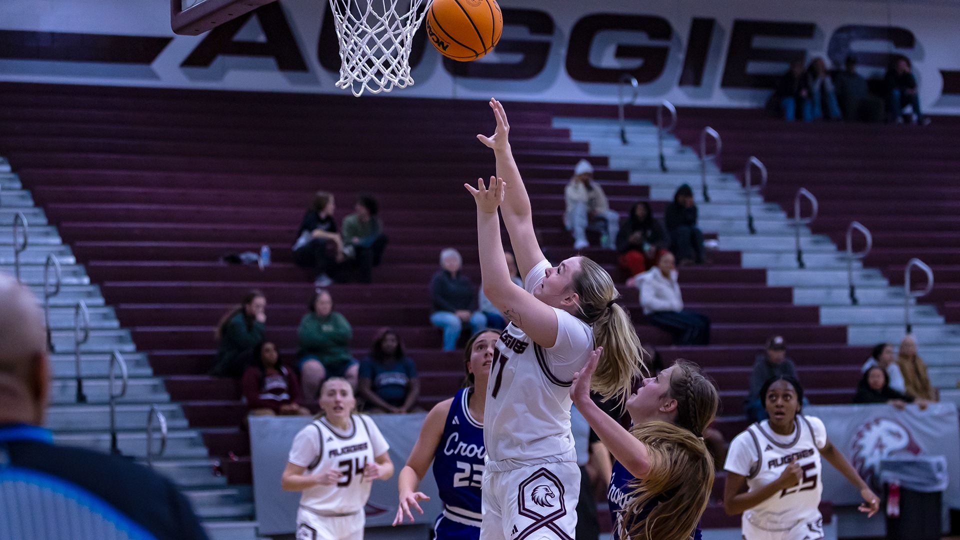 Melanie Delestrez puts up a shot during a 2025-26 Augsburg women's basketball game.