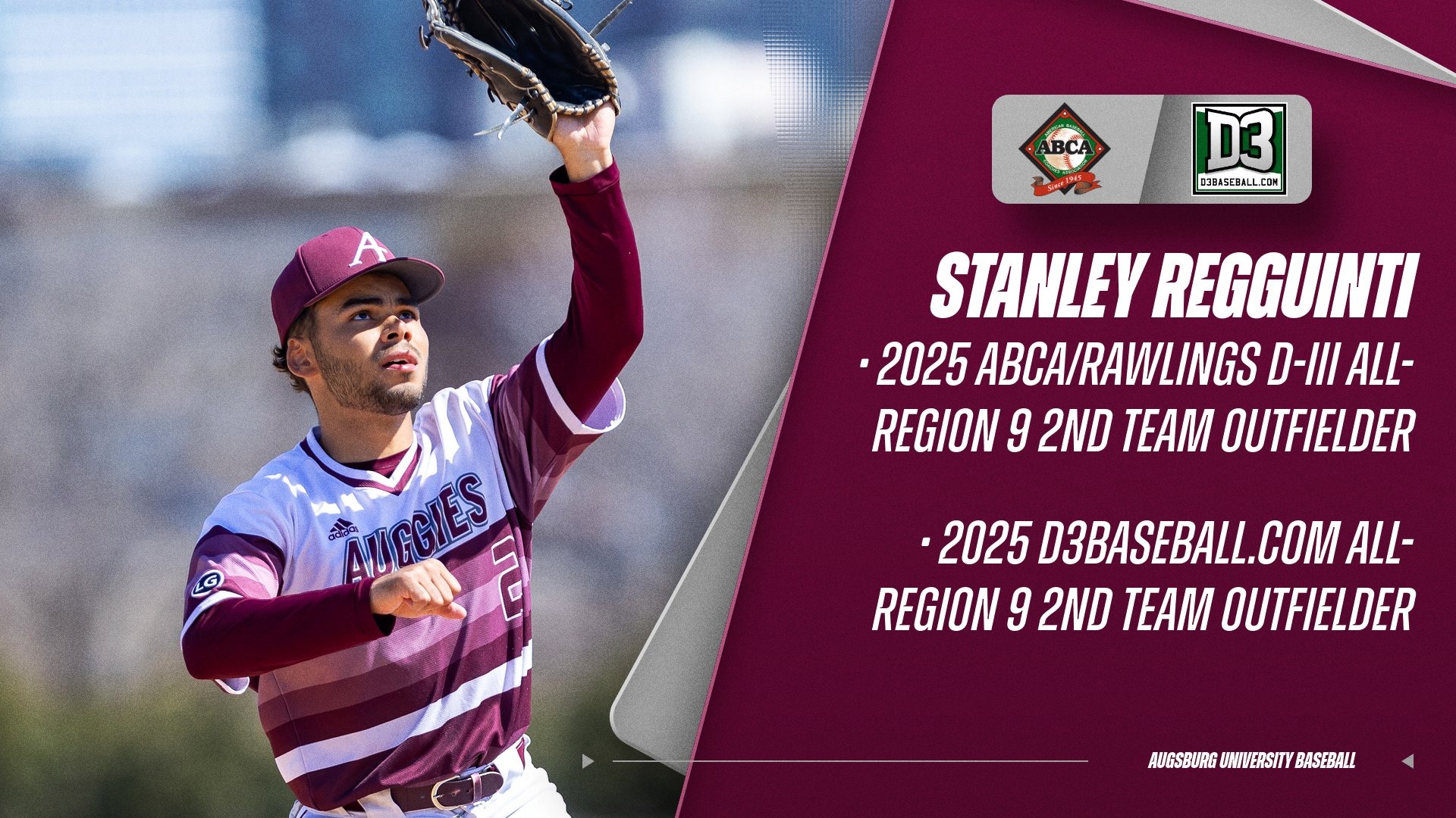 Photo of Stanley Regguinti from a 2025 Augsburg baseball game. Superimposed on the photo are the Augsburg baseball, ABCA and D3baseball.com logos, and the text 