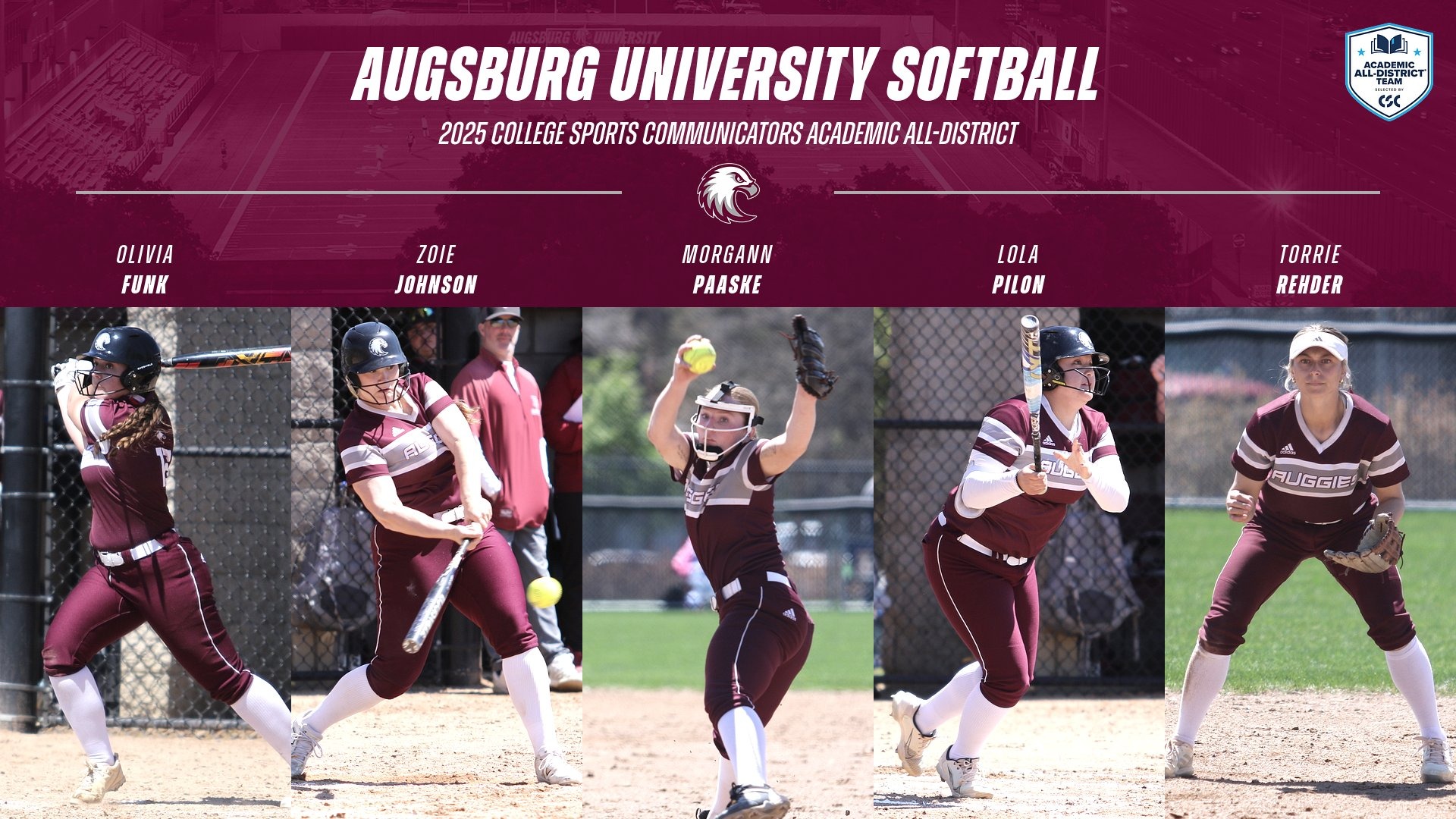 Action photos of Olivia Funk, Zoie Johnson, Morgann Paaske, Lola Pilon and Torrie Rehder. Superimposed on the photos are the Augsburg eagle and CSC Academic All-District logos, and the text: 