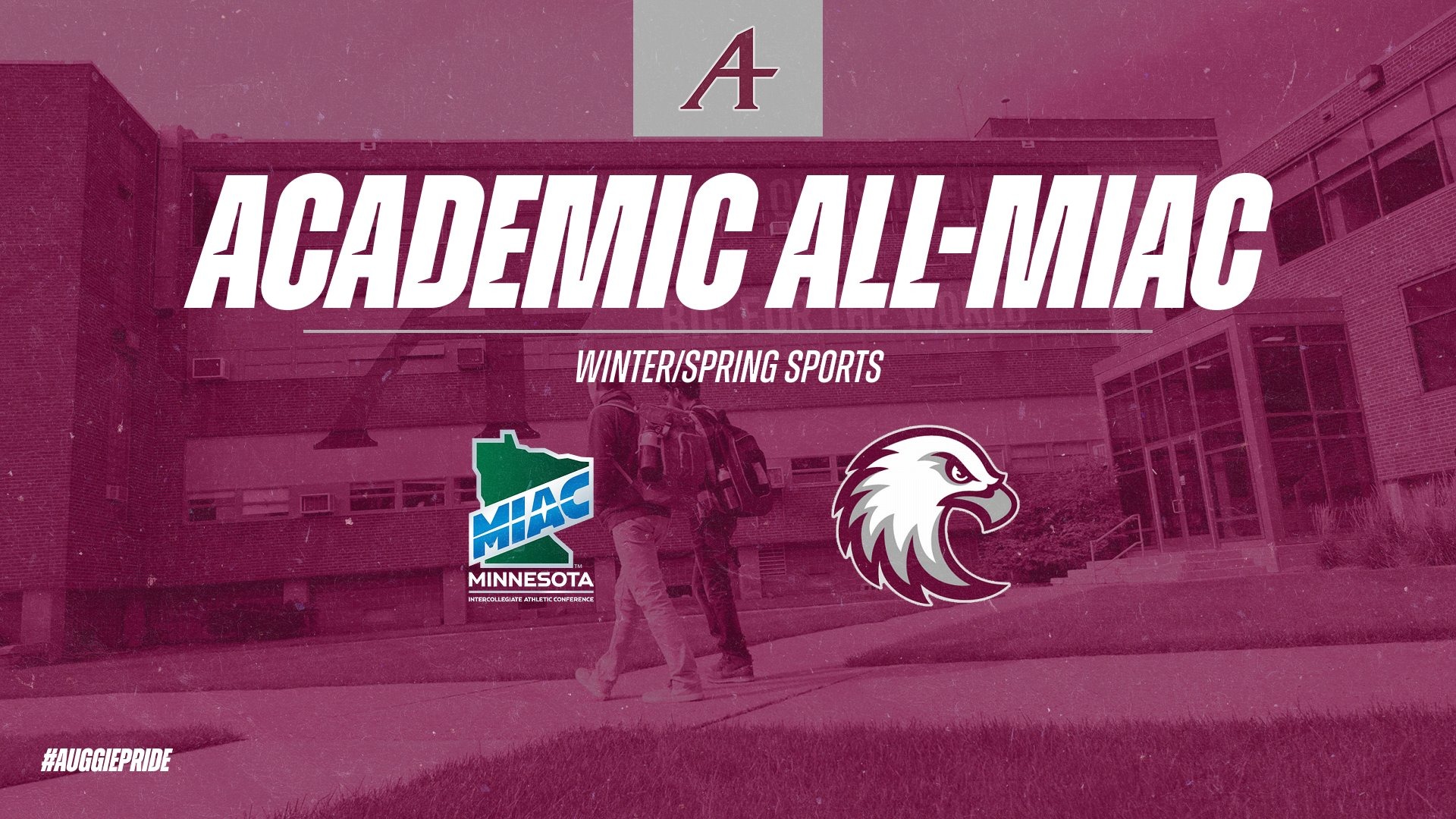 A shot of two students walking on-campus. On the photo are the Augsburg Cross-A, Augsburg Eagle and MIAC logos, and the text 