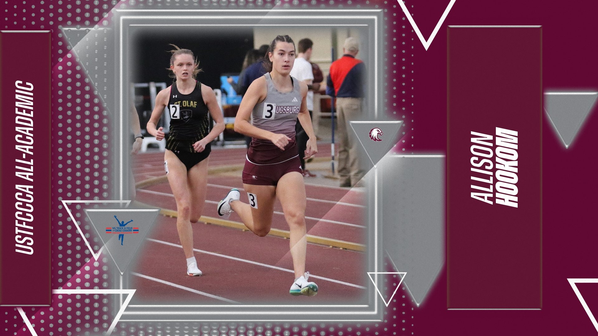 Allison Hookom runs in a 2025 Augsburg women's track and field competition. On the photo are the Augsburg Eagle and USTFCCCA logos, and the text: 