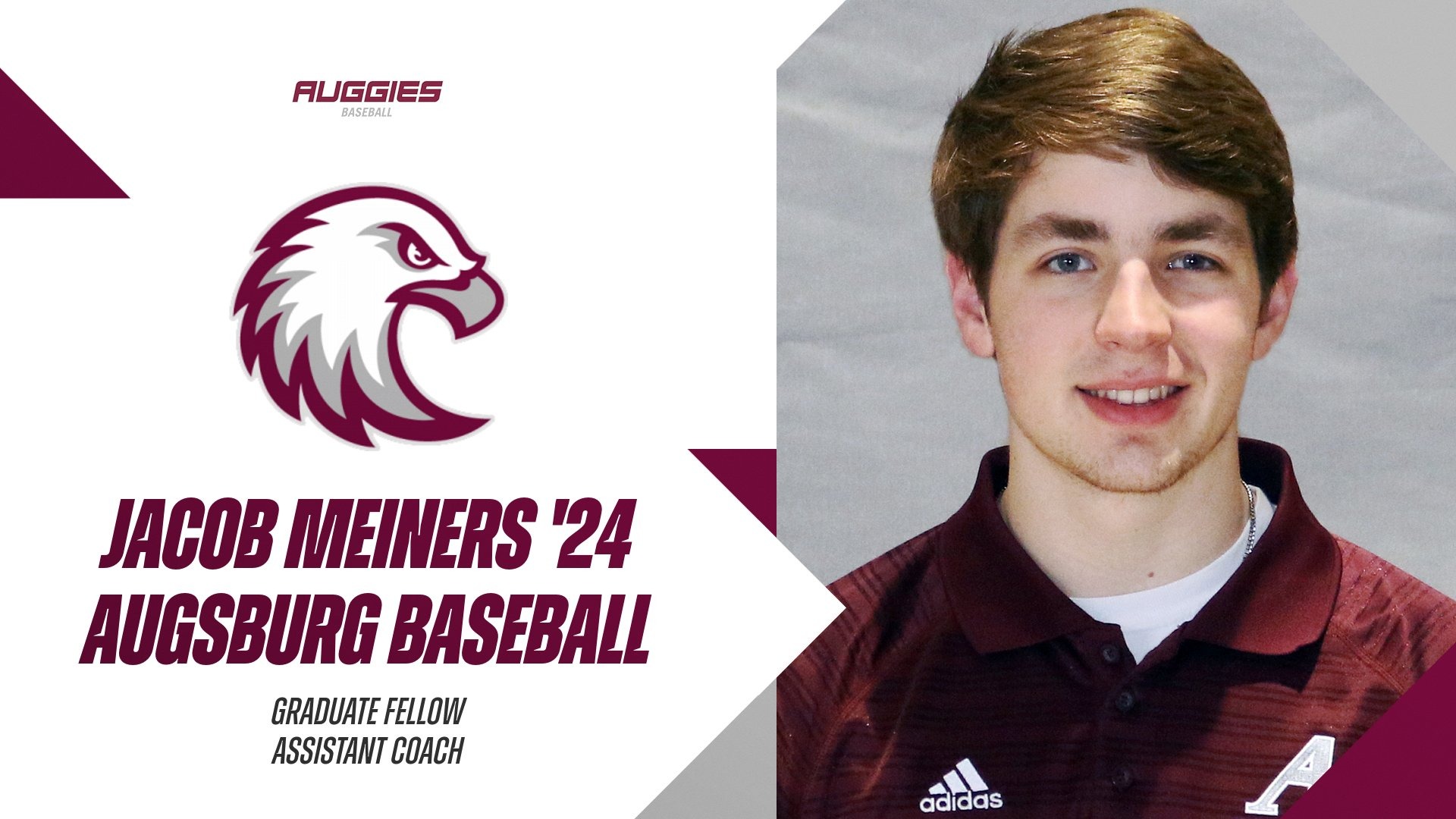 Mugshot of Jacob Meiners. On the photo are the Augsburg Eagle and Augsburg Baseball logos, and the text: 