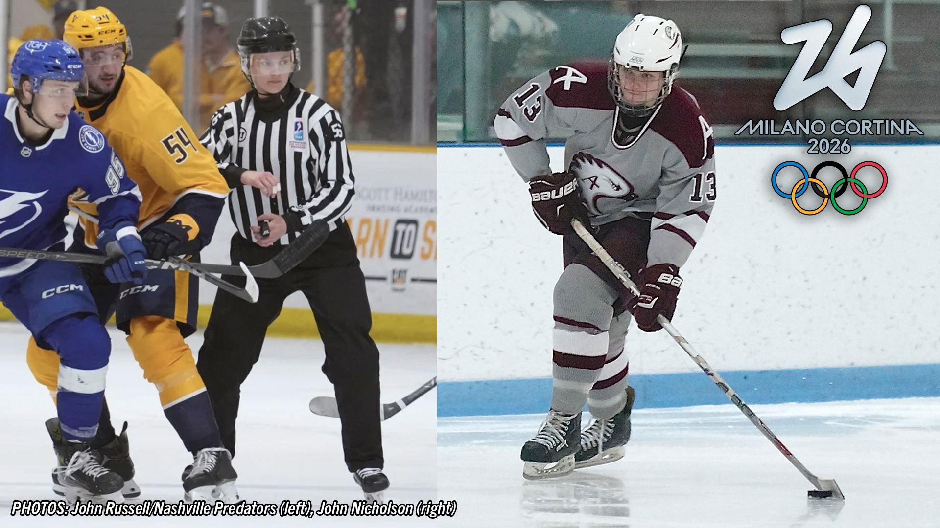 Shots of Sarah Buckner playing and officiating women's hockey. The 2026 Winter Olympics logo is superimposed on the photo.