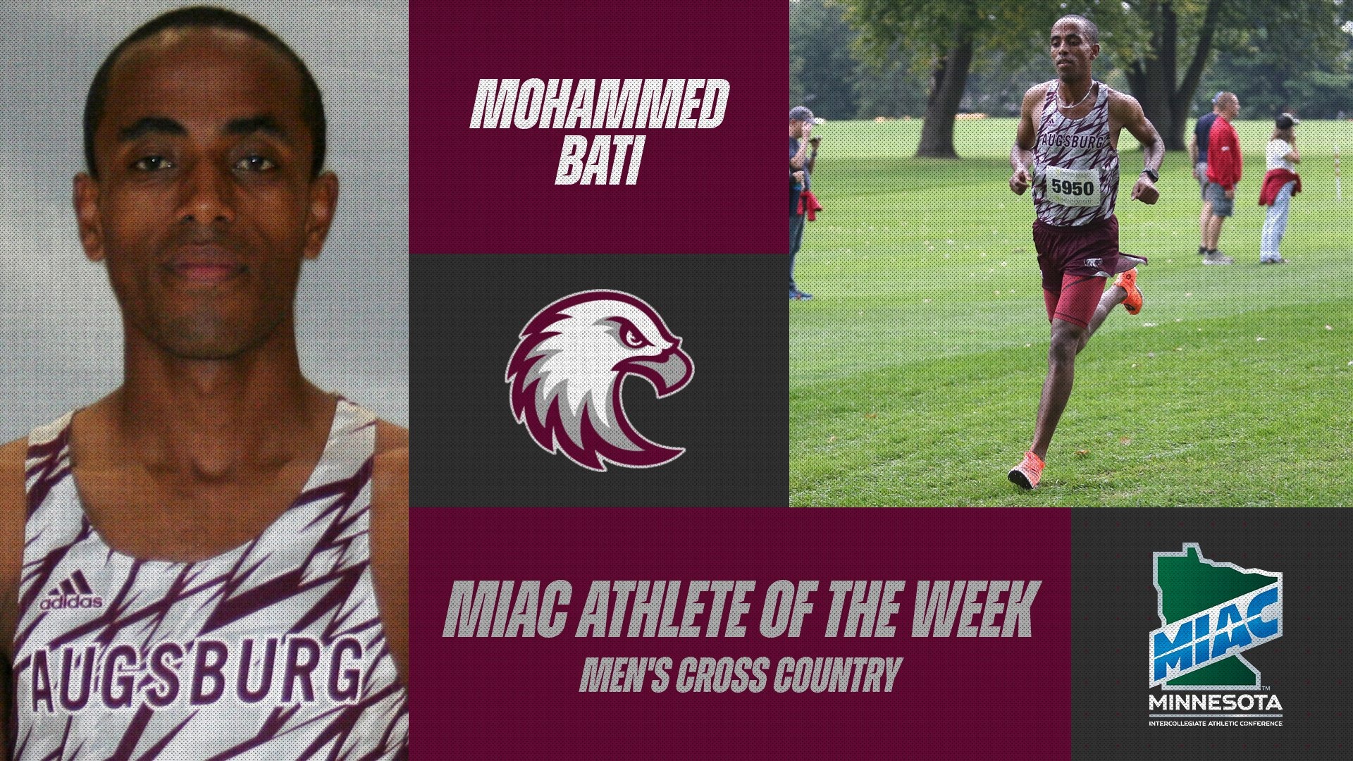 Head shot and action photo of Mohammed Bati. Superimposed on the photos are the Augsburg and MIAC logos, and the text 