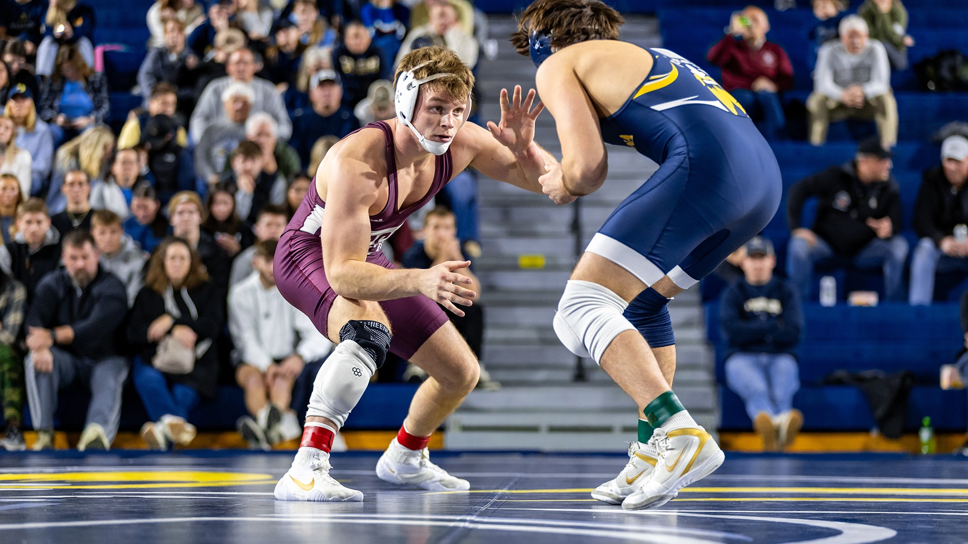 Brandt Bombard faces an opponent during a 2025-26 Augsburg men's wrestling meet.