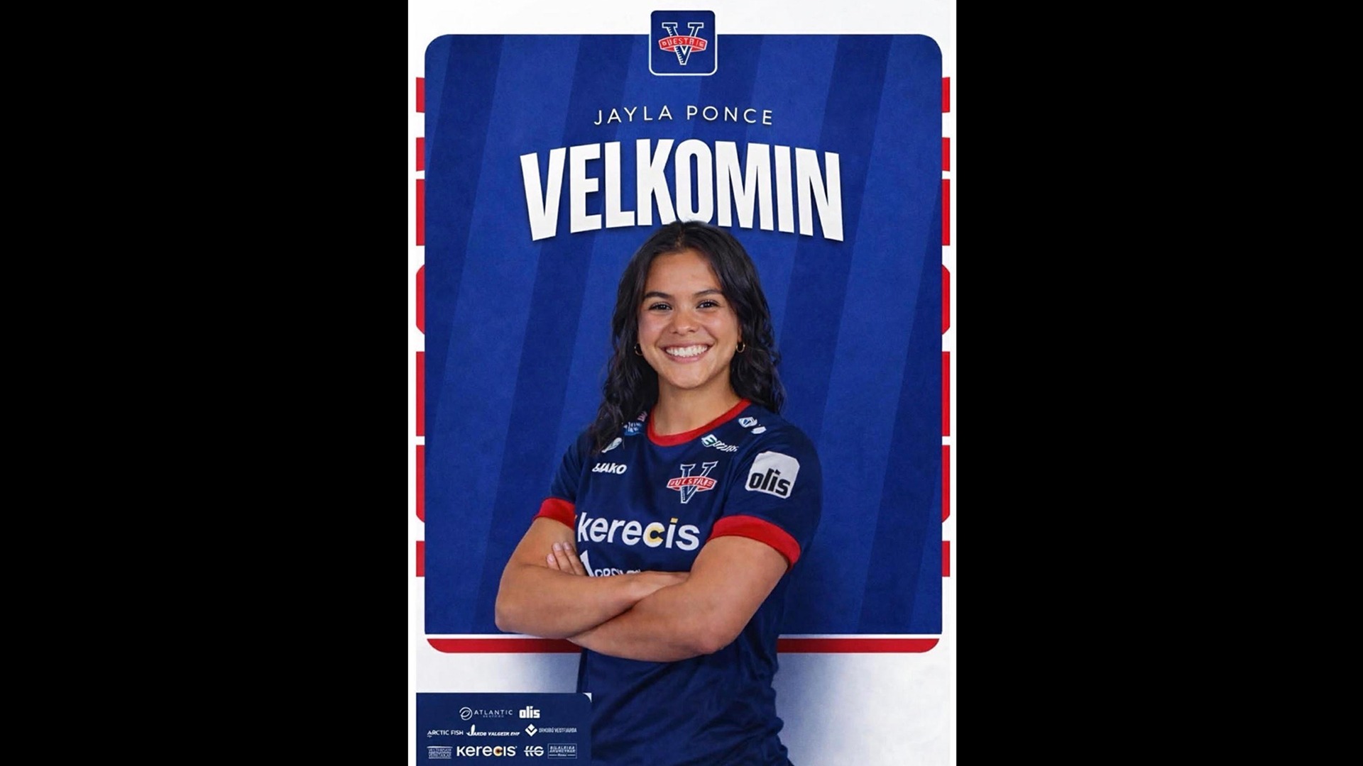 A posed shot of Jayla Ponce. On the photo are the Vestri soccer logo, and the text 