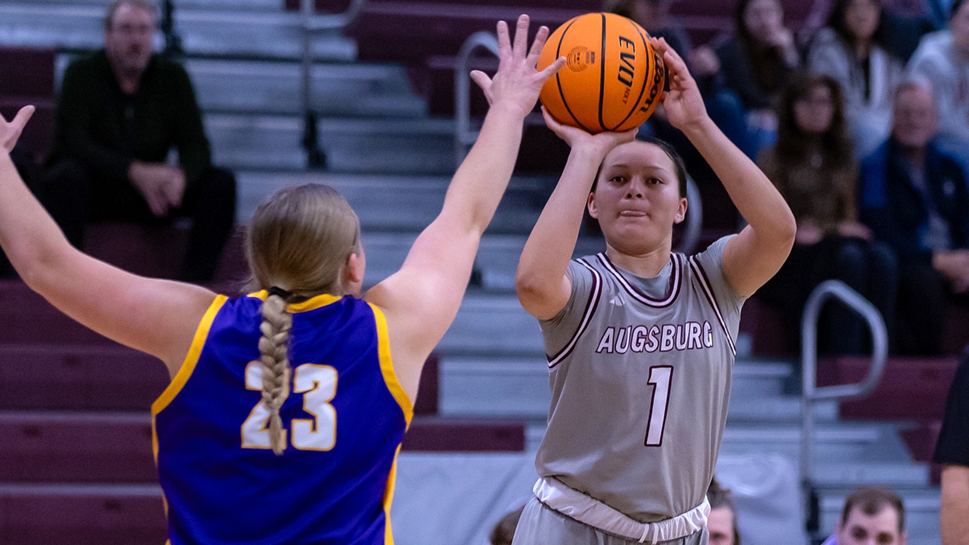 Lani Fonoti takes a shot during a 2025-26 Augsburg women's basketball game.