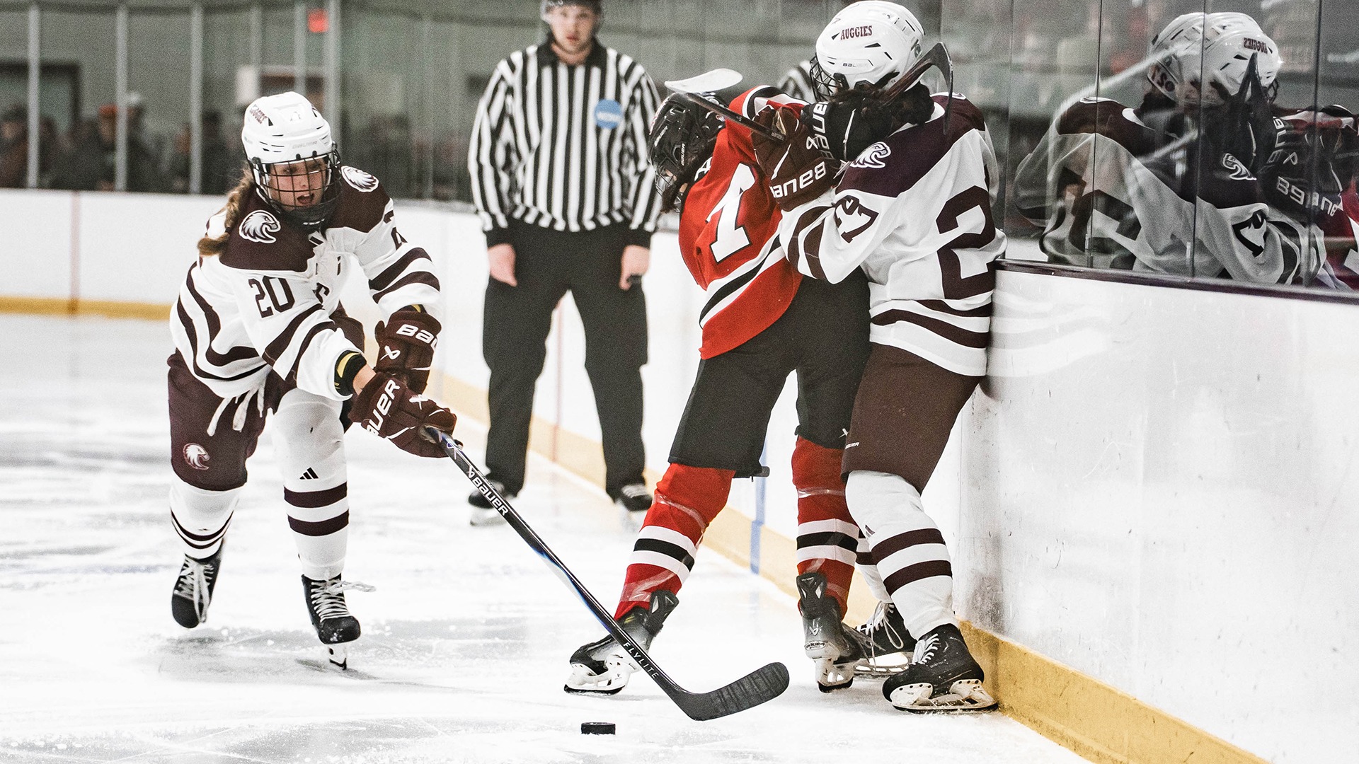 Emma Abrahamson collects the puck during a 2025-26 Augsburg women's hockey game.