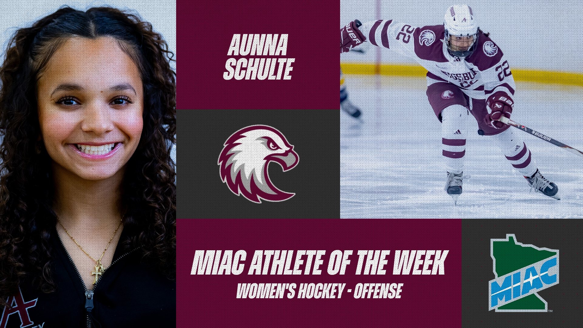 Head shot and action photo of Aunna Schulte. Superimposed on the photos are the Augsburg and MIAC logos, and the text 