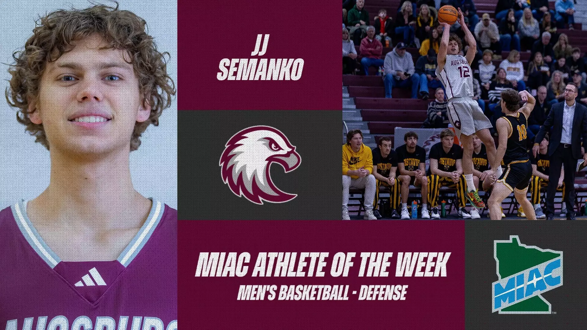 Head shot and action photo of JJ Semanko. Superimposed on the photos are the Augsburg and MIAC logos, and the text 