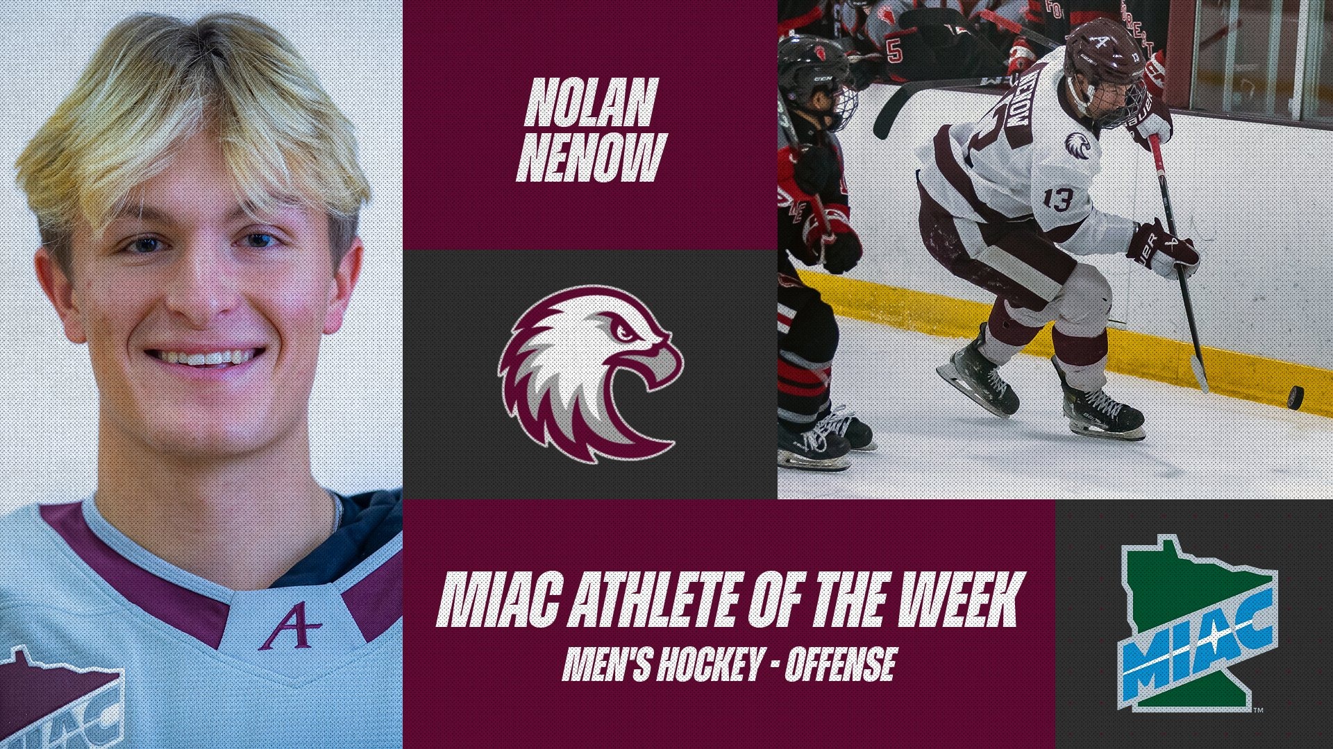 Head shot and action photo of Nolan Nenow. Superimposed on the photos are the Augsburg and MIAC logos, and the text 
