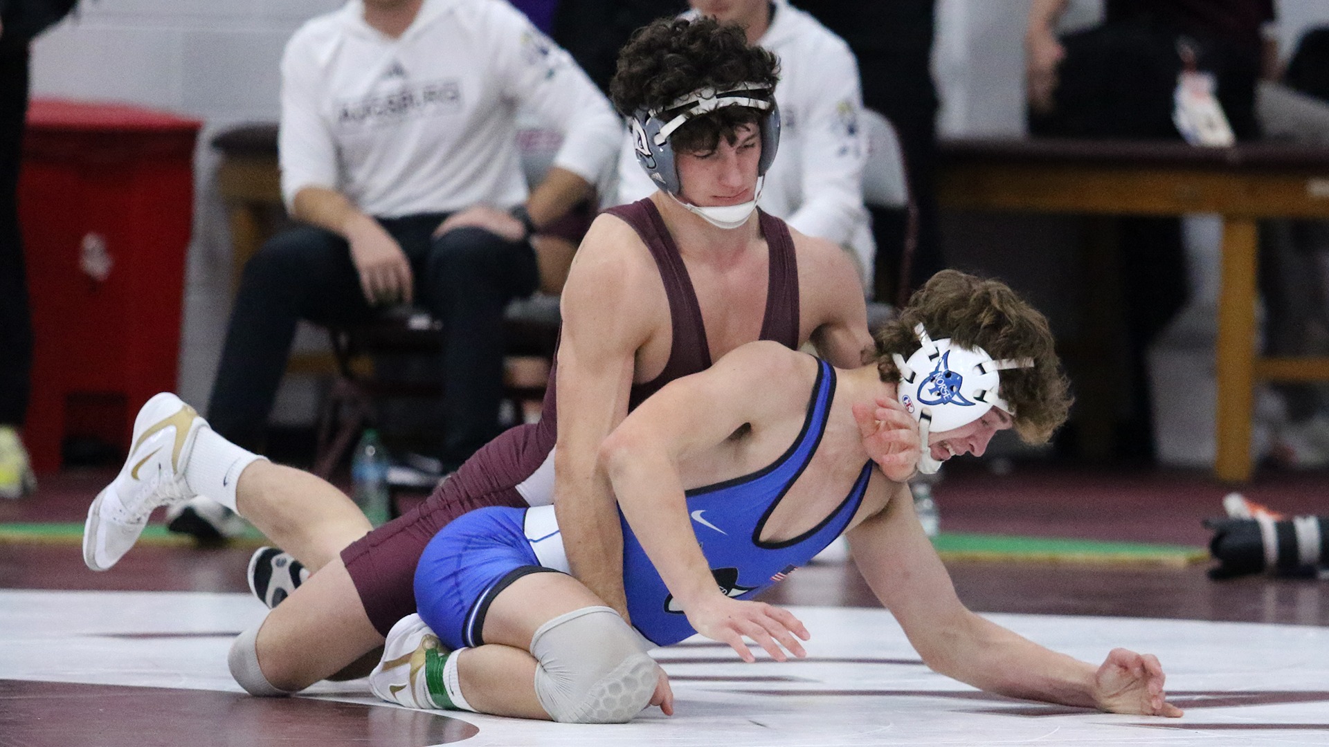 Lucas Jagodzinske has control of an opponent during a 2025-26 Augsburg men's wrestling meet.