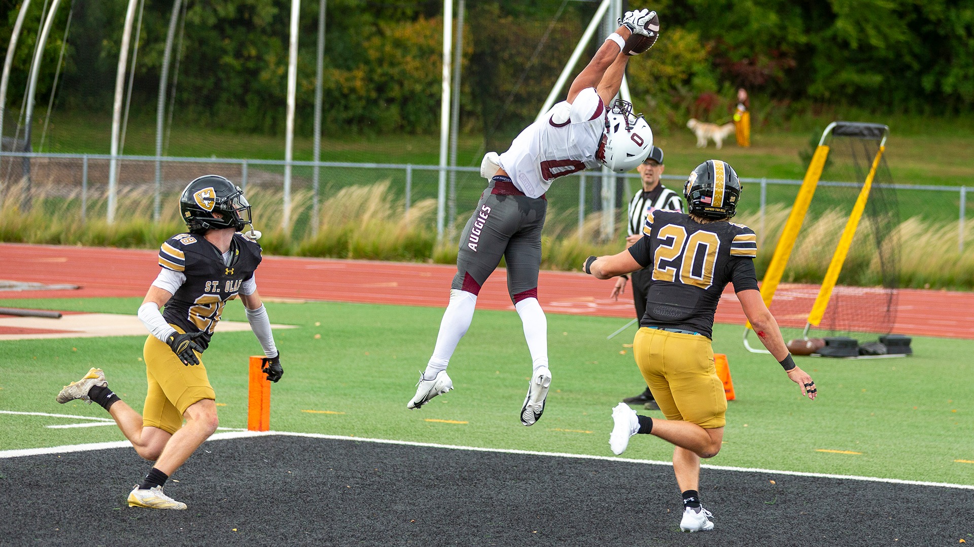 Iggie Cooper catches a touchdown pass during a 2026 Augsburg football game.