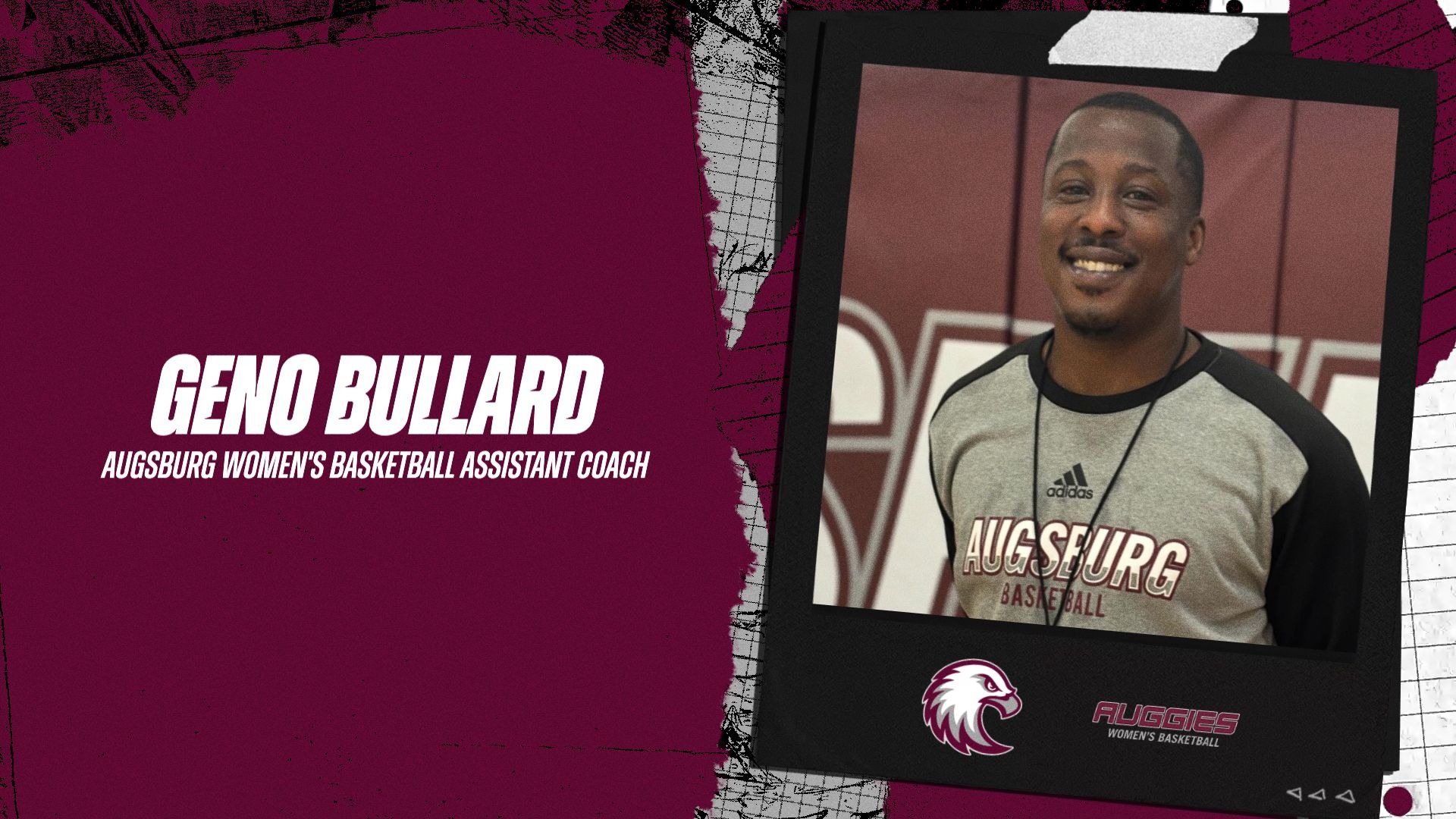 Photo of Geno Bullard. On the photo are the Augsburg Eagle and women's basketball logos, and the text: 