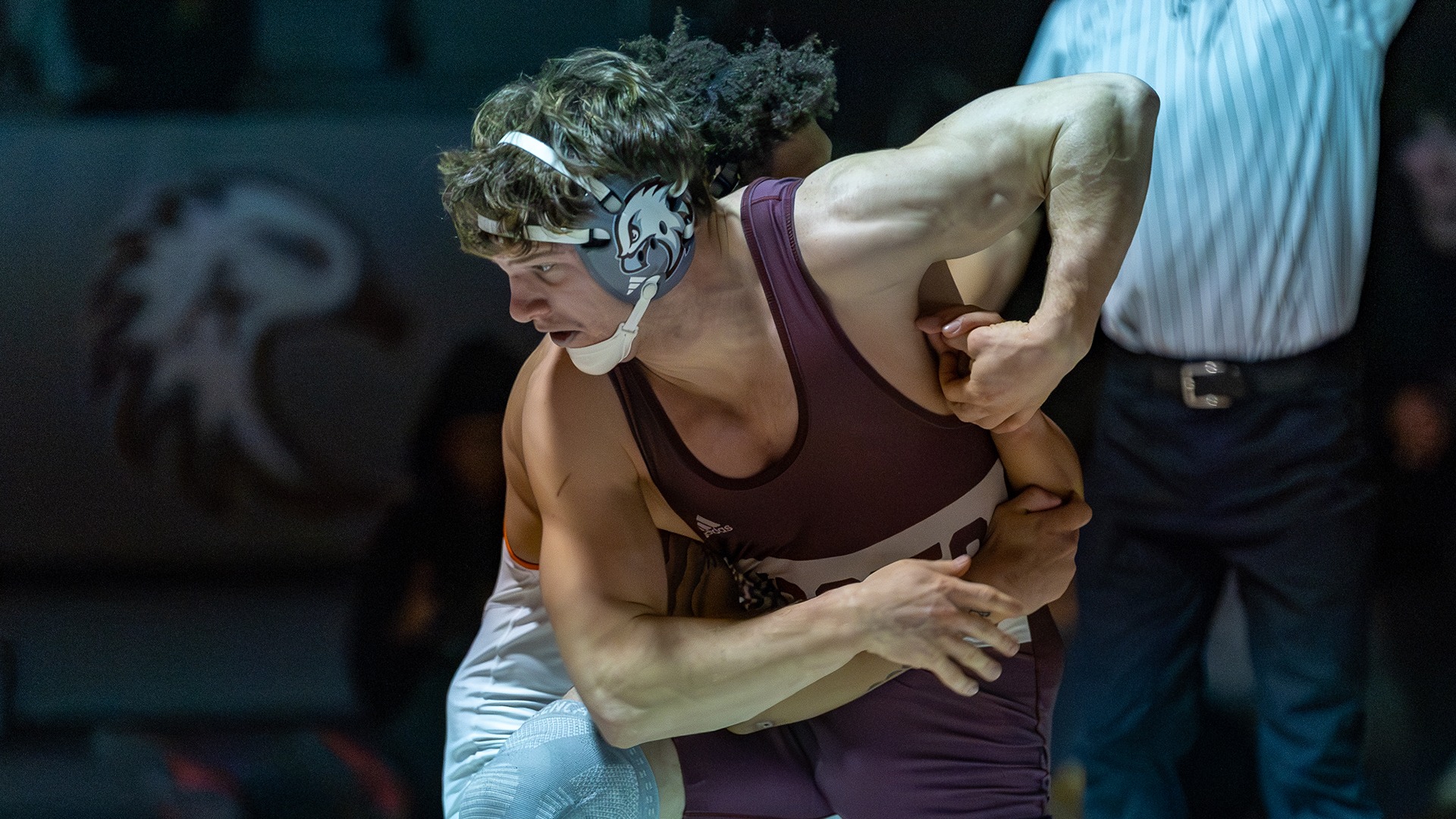 Nick Alexander works out of a hold during a 2025-26 Augsburg men's wrestling meet.