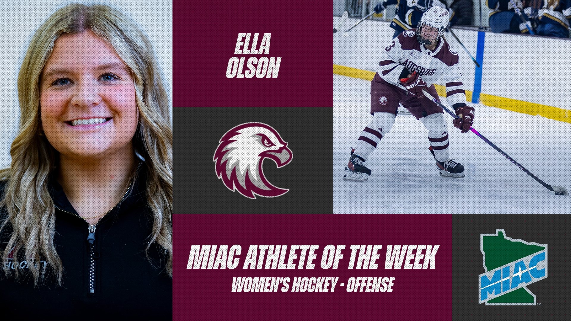 Head shot and action photo of Ella Olson. Superimposed on the photos are the Augsburg and MIAC logos, and the text 