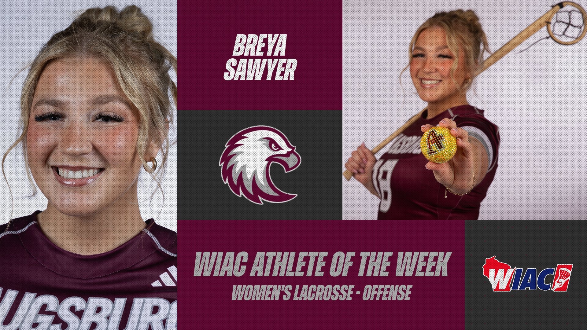 Head shot and action photo of Breya Sawyer. Superimposed on the photos are the Augsburg and WIAC logos, and the text 