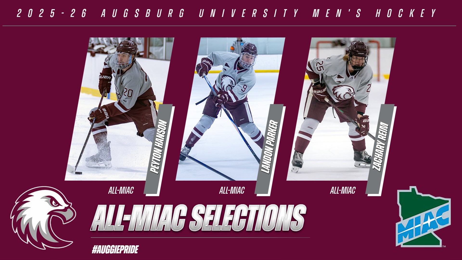 Action photos of Peyton Hanson, Landon Parker and Zachery Reim. On the photo are the Augsburg eagle and MIAC logos, and the text: 