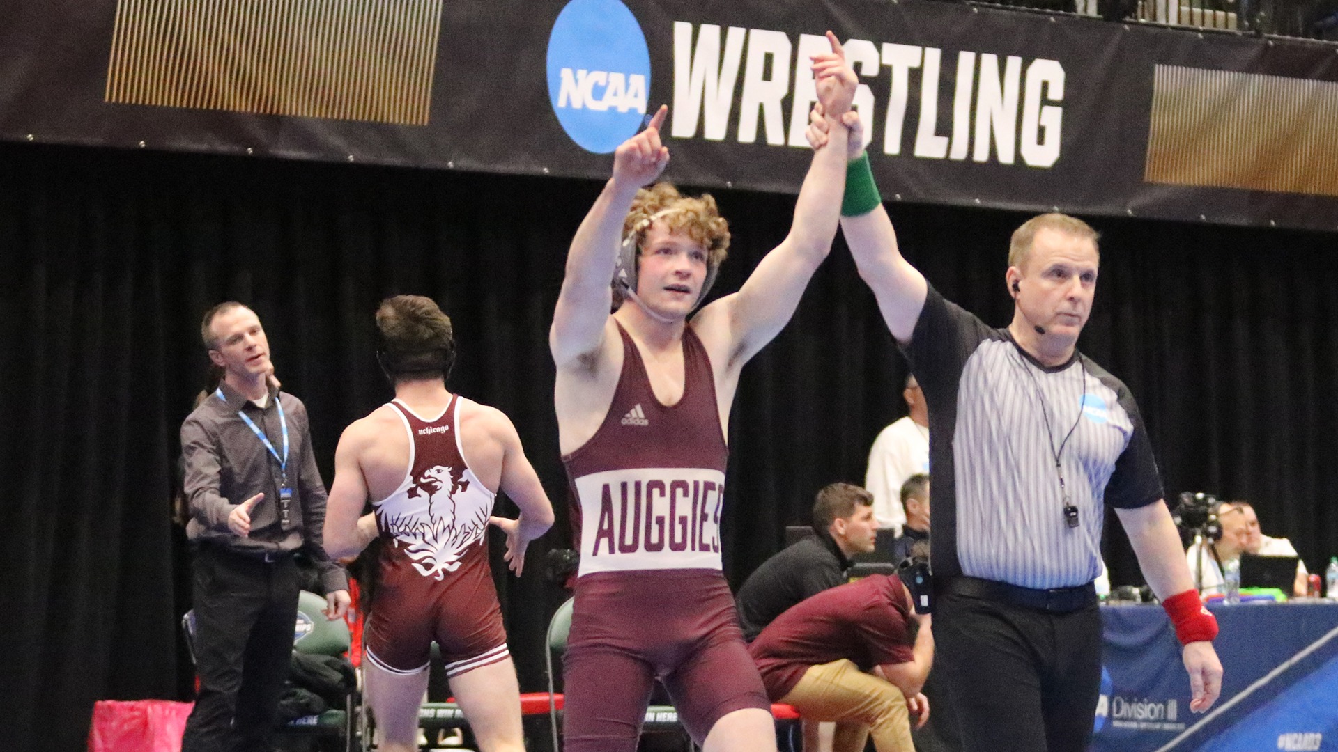 Cole Becker celebrates a victory during the 2026 NCAA Division III National Championships.