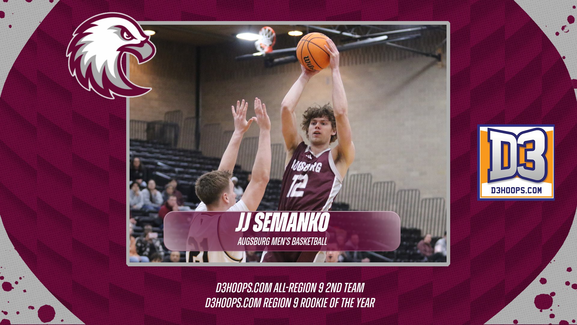Action photo of JJ Semanko from a 2025-26 Augsburg men's basketball game. On the photo are the Augsburg and D3hoops.com logos, and the text: 