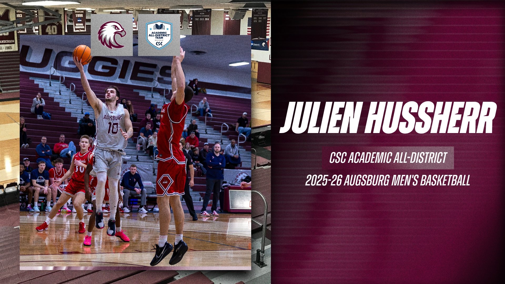 Action photo of Julien Hussherr. On the photo are the Augsburg eagle and Academic All-District logos, and the text: 