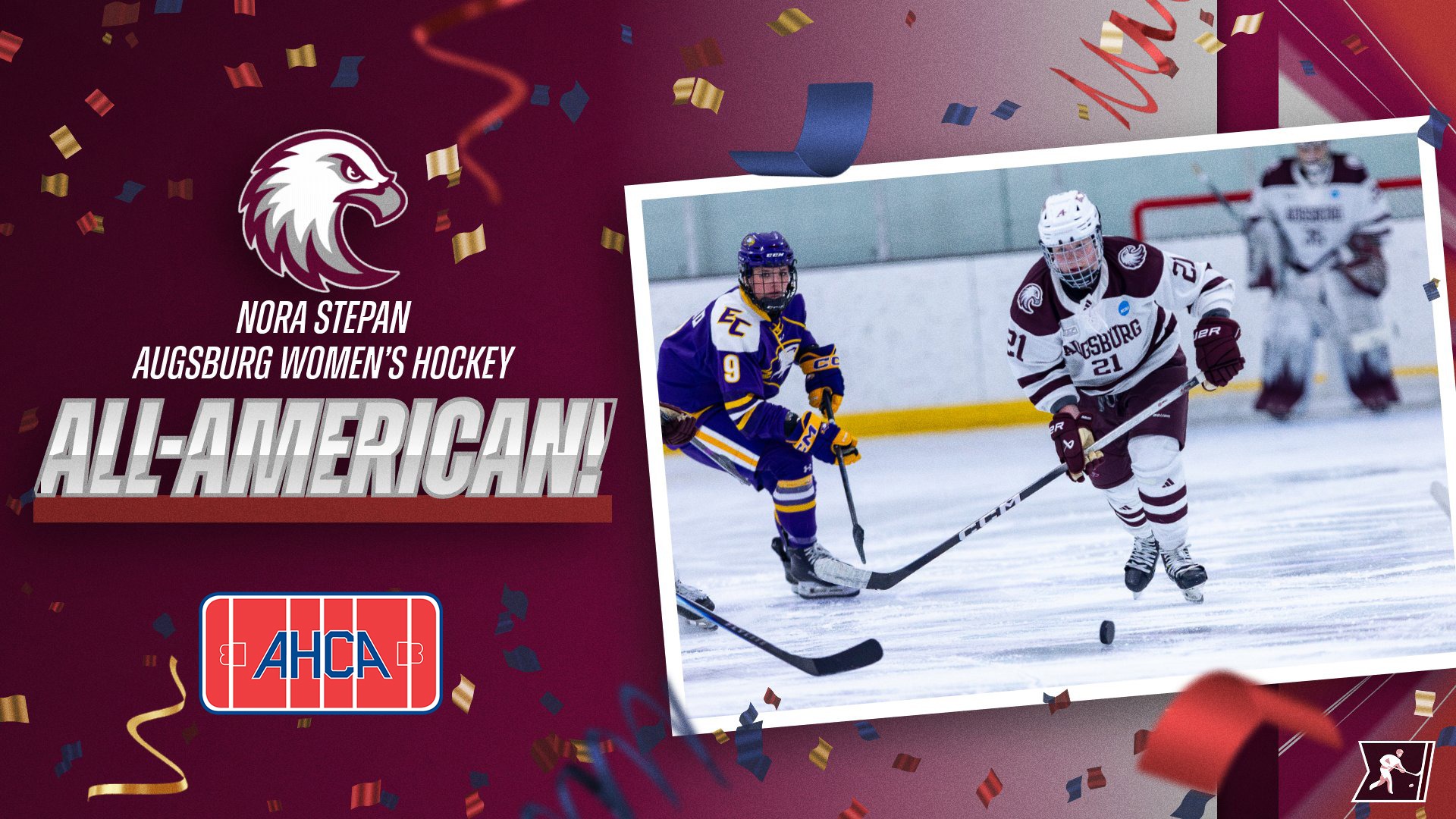 Action photo of Nora Stepan. On the photo are the Augsburg, NCAA hockey and AHCA logos, and the text: 