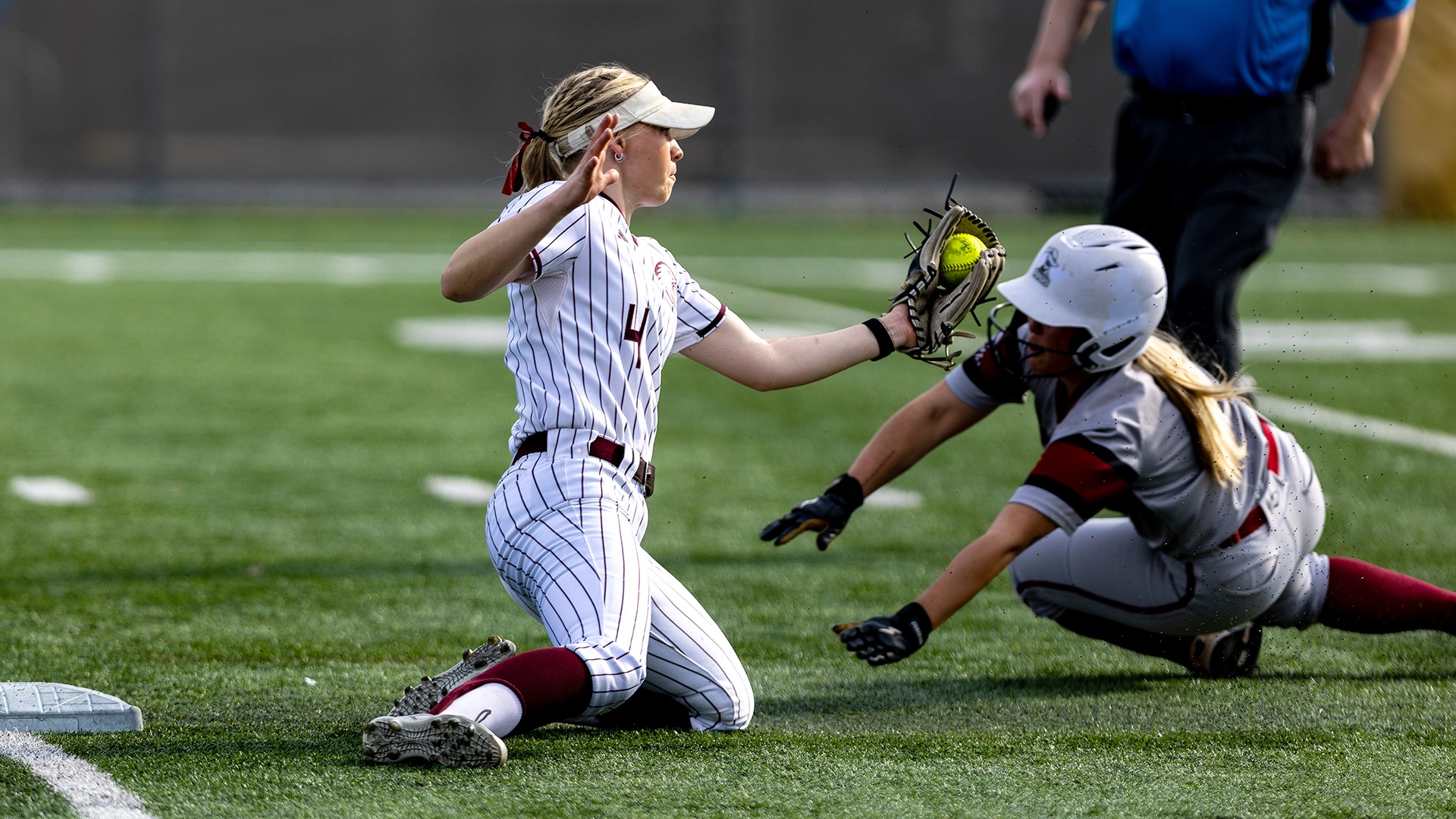 Megan Gissler tags a runner attempting to steal second base during a 2026 Augsburg softball game.