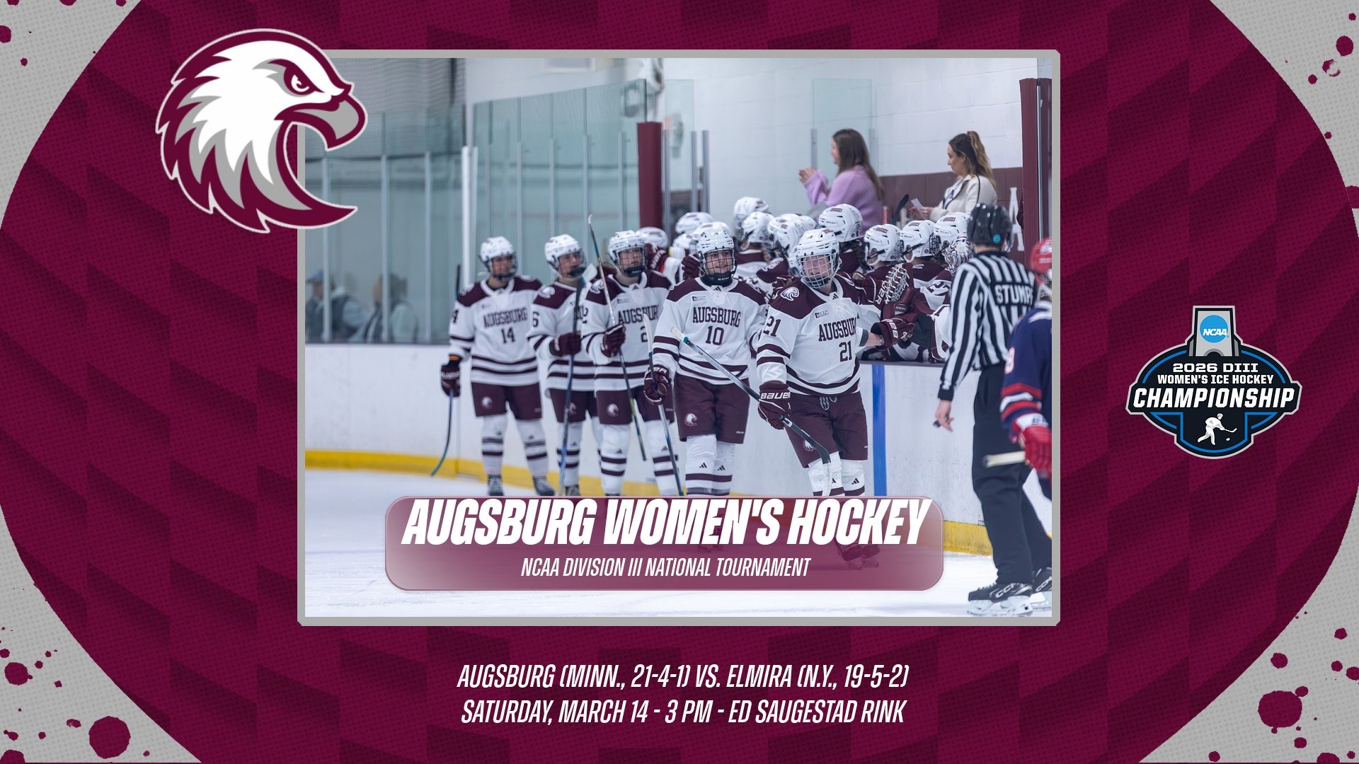 A photo of Augsburg women's hockey players celebrating a goal. On the photos are the Augsburg and NCAA women's hockey playoff logos, and the text: 