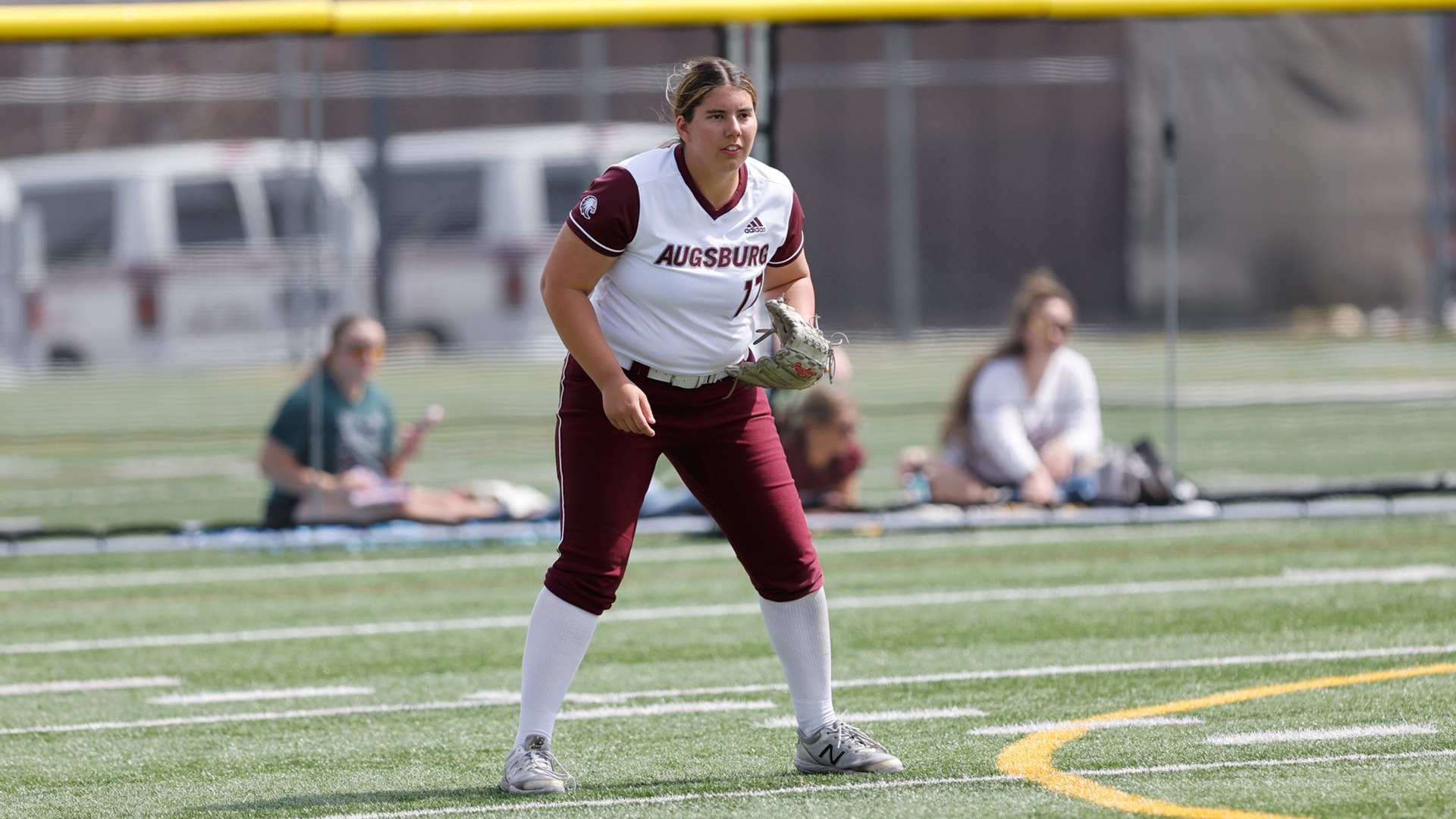Jaime Olson gets set to make a play during a 2026 Augsburg softball game.