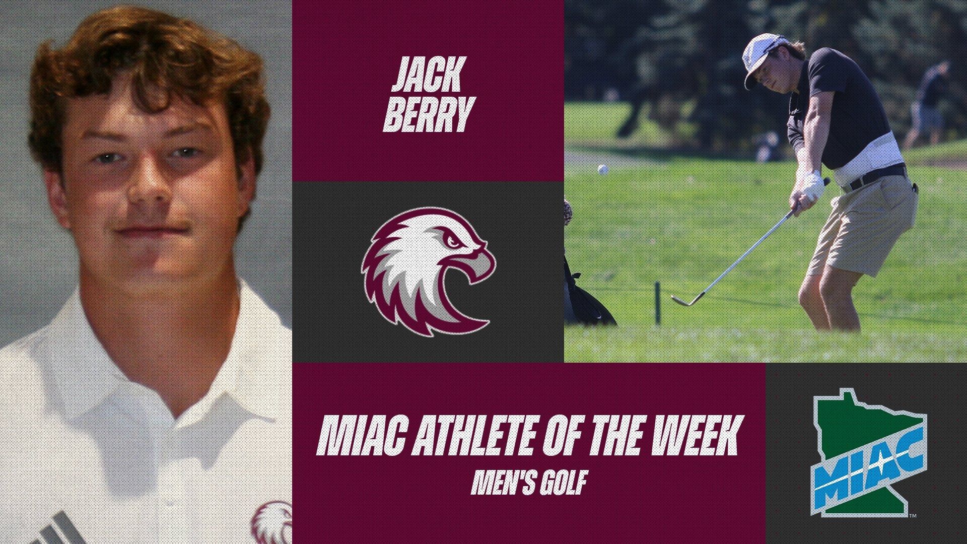 Head shot and action photo of Jack Berry. Superimposed on the photos are the Augsburg and MIAC logos, and the text 
