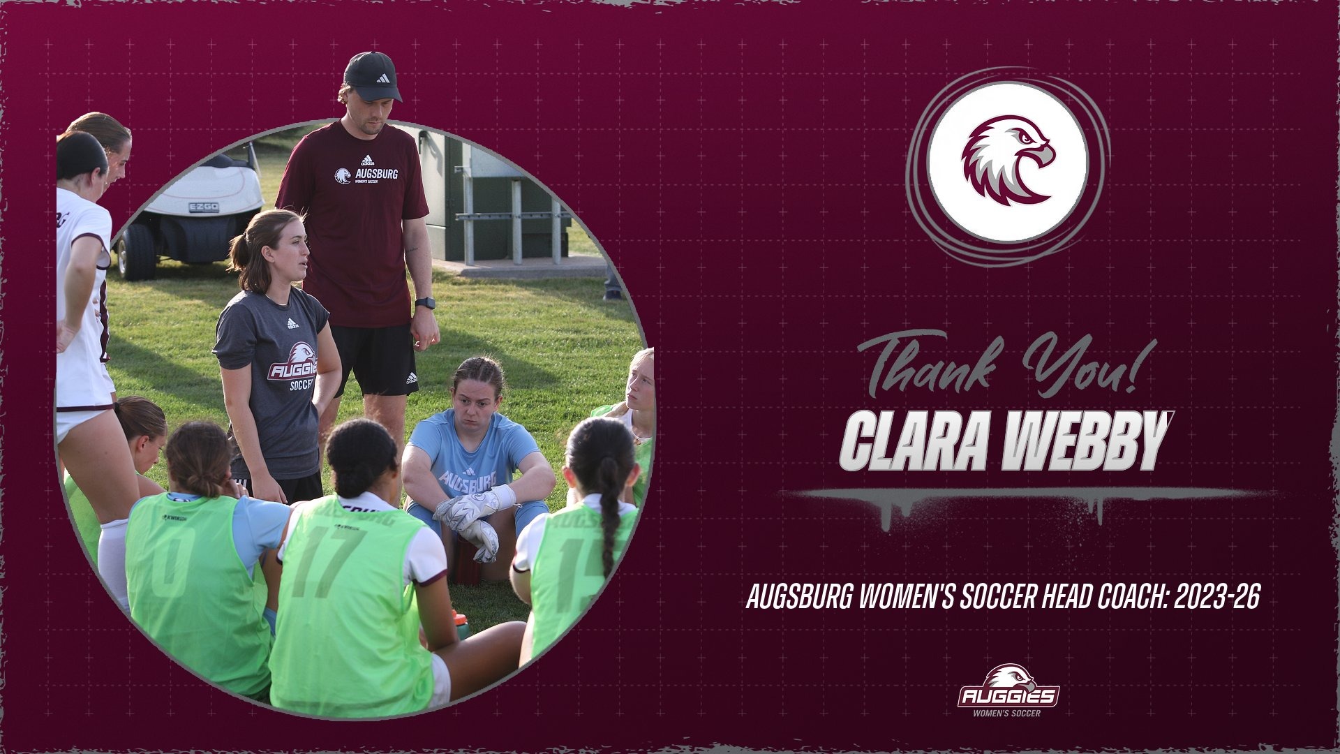 Clara Webby talks to her Augsburg women's soccer players during a 2024 game. On the photo are the Augsburg Eagle and Augsburg women's soccer logos, and the text: 