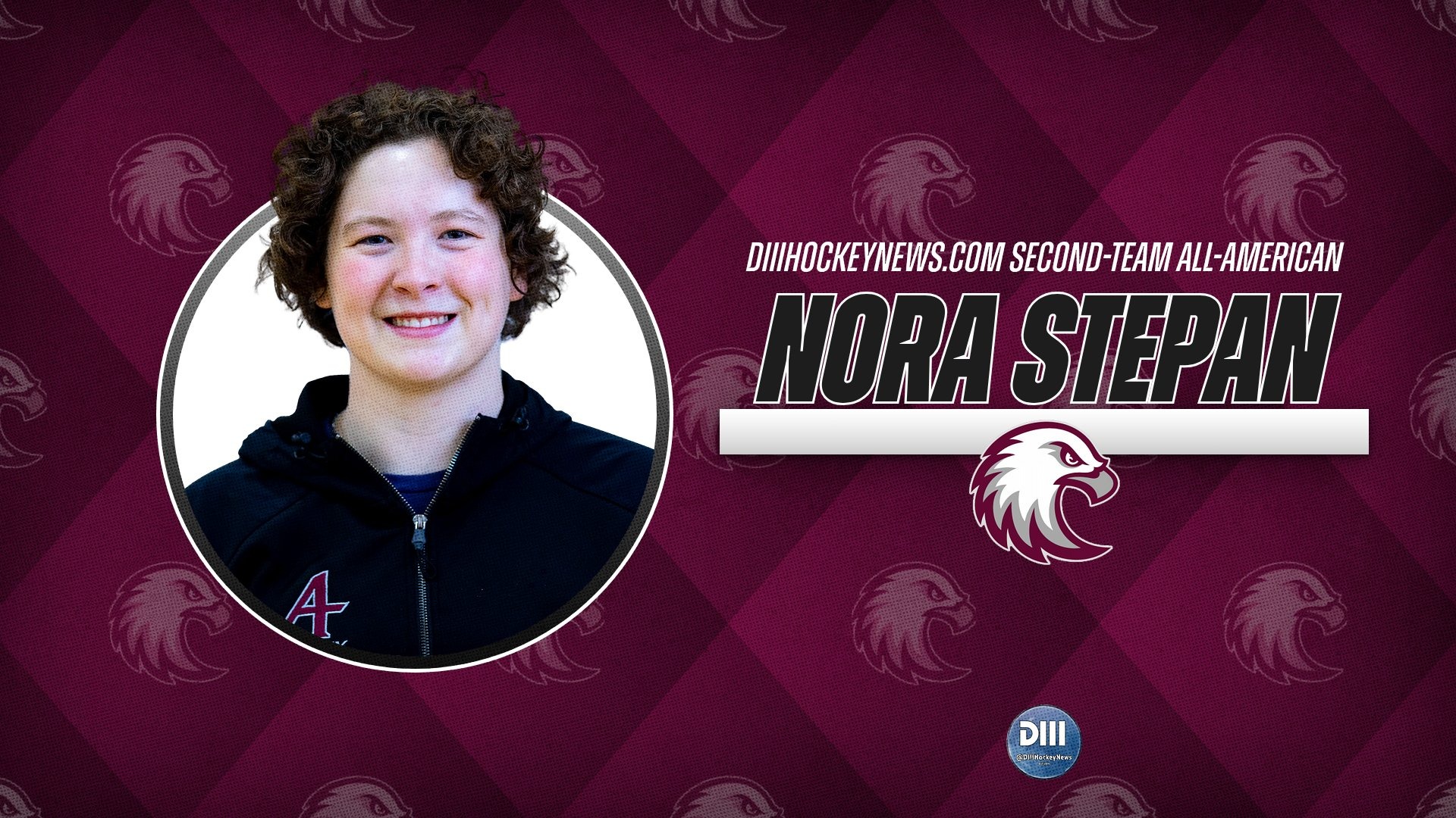 Mugshot of Nora Stepan. On the image are the Augsburg eagle and DIII Hockey News logos, and the text: 