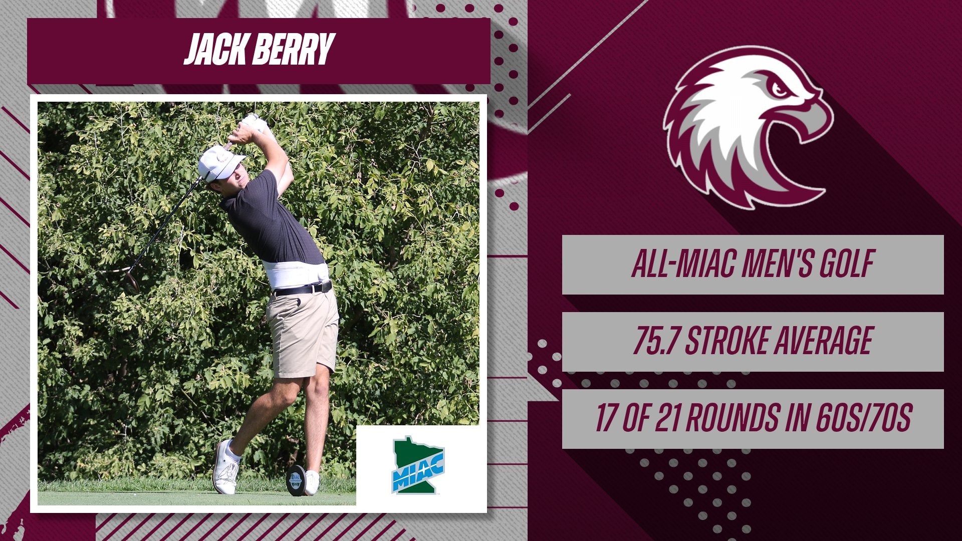 Jack Berry tees off during a 2025-26 Augsburg men's golf meet. On the photo are the MIAC and Augsburg eagle logos, and the text: 