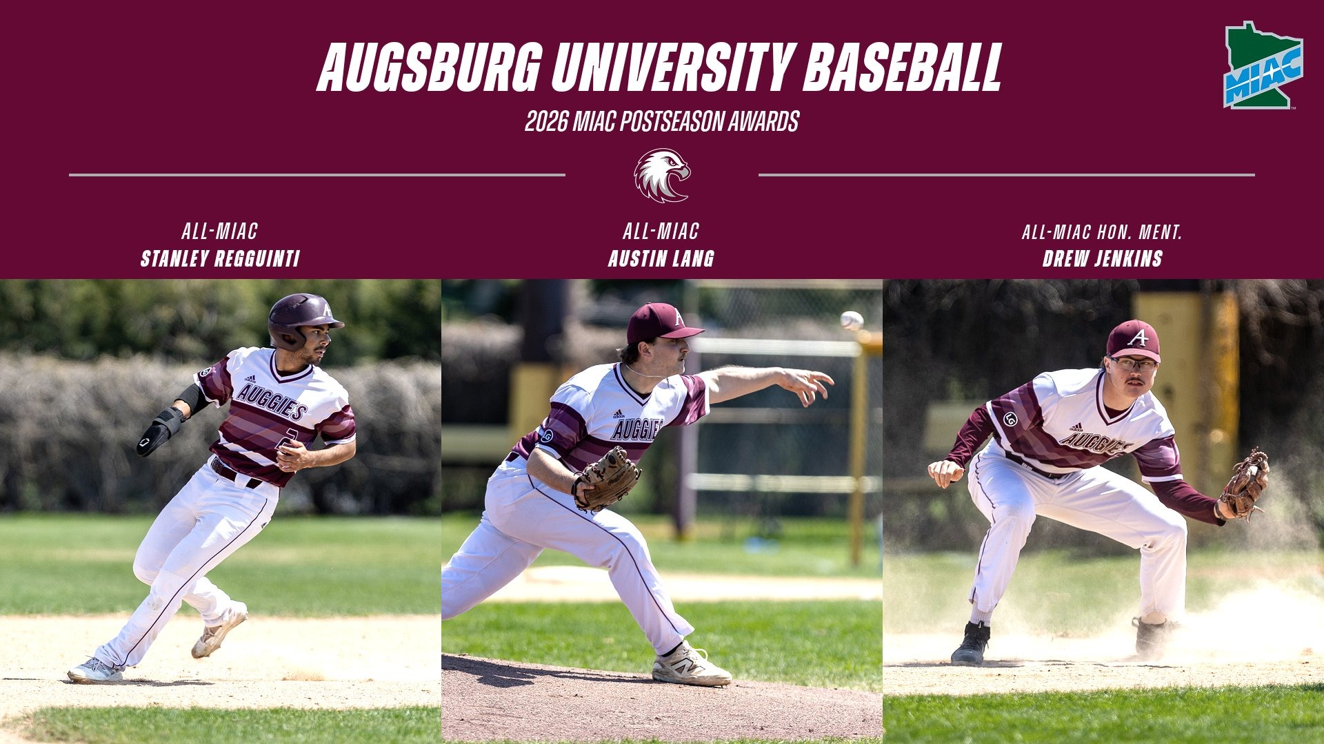Action photos of Stanley Regguinti, Austin Lang and Drew Jenkins. On the photo are the Augsburg eagle and MIAC logos, and the text: 