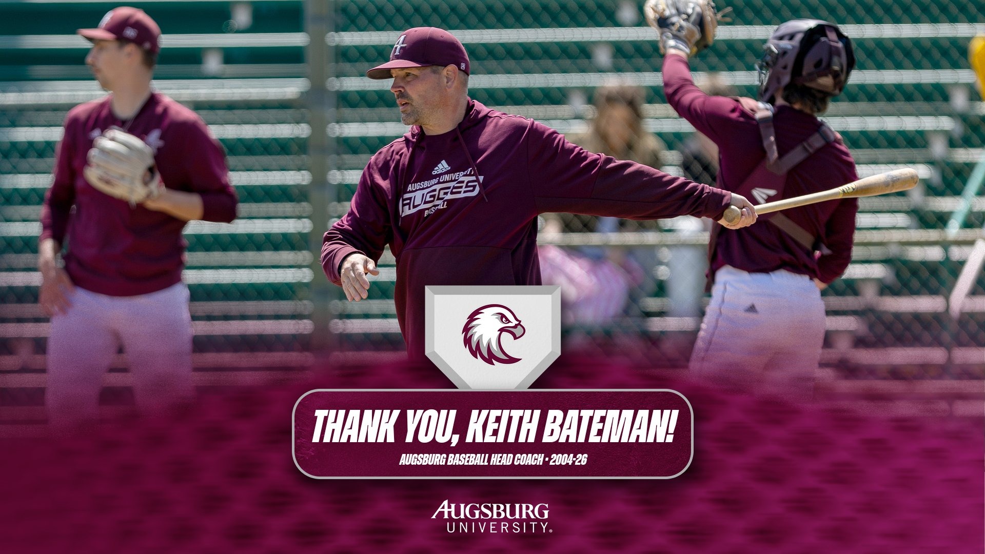 Keith Bateman hits a fungo during a 2026 Augsburg baseball game. On the photo are the Augsburg Eagle and Augsburg University logos, and the text: 