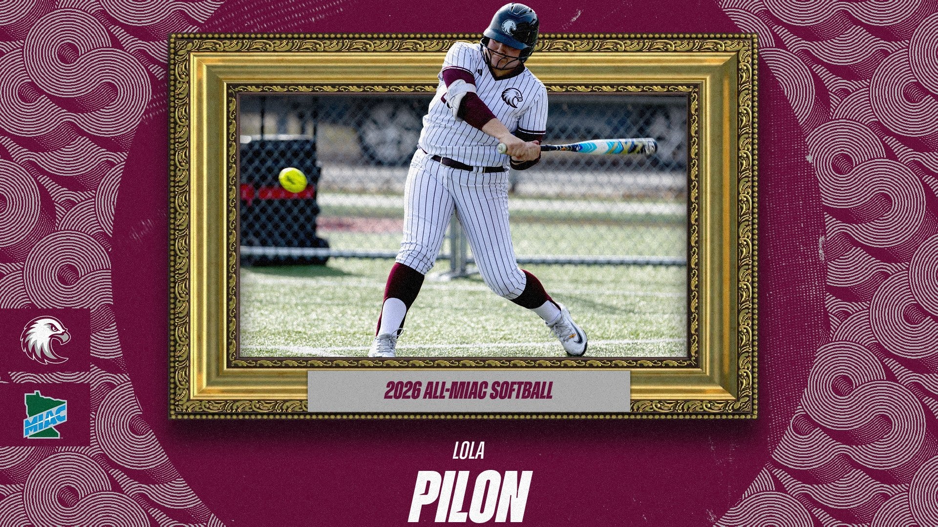 Lola Pilon swings at a pitch during a 2026 Augsburg softball game. On the image are the Augsburg eagle and MIAC logos, and the text: 