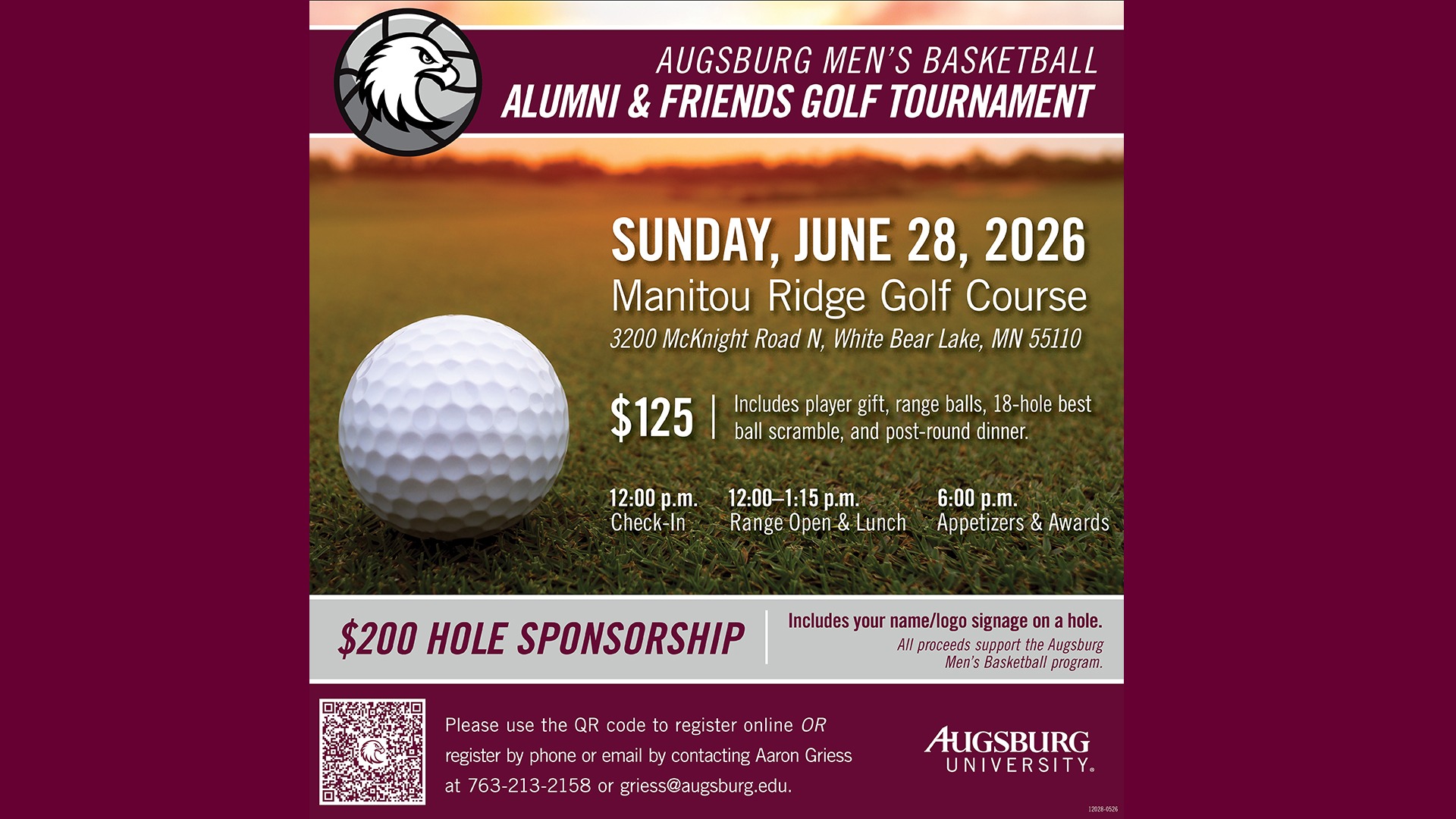 A shot of a golf ball on a green. On the photo are a QR code, the Augsburg basketball logo, and the text: 