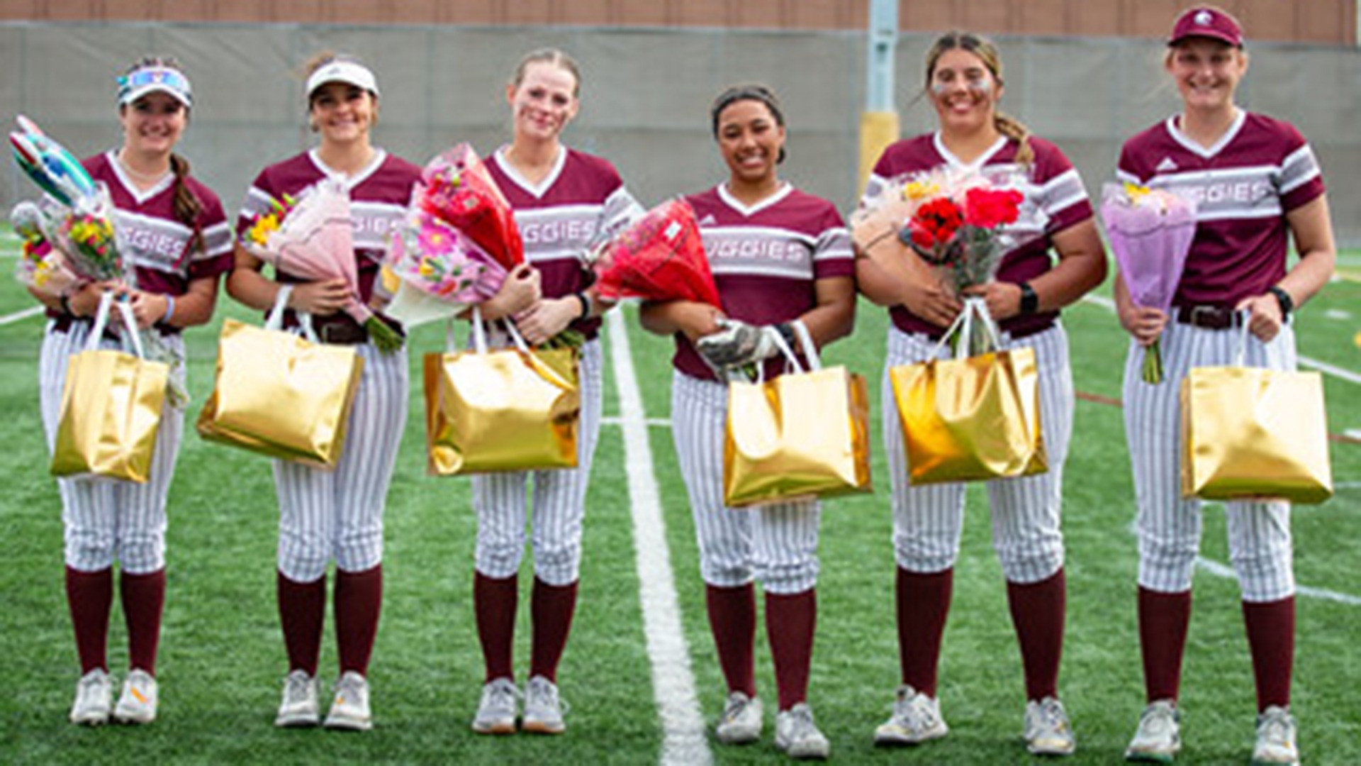 Augsburg softball seniors pose for a photo during a 2026 game.
