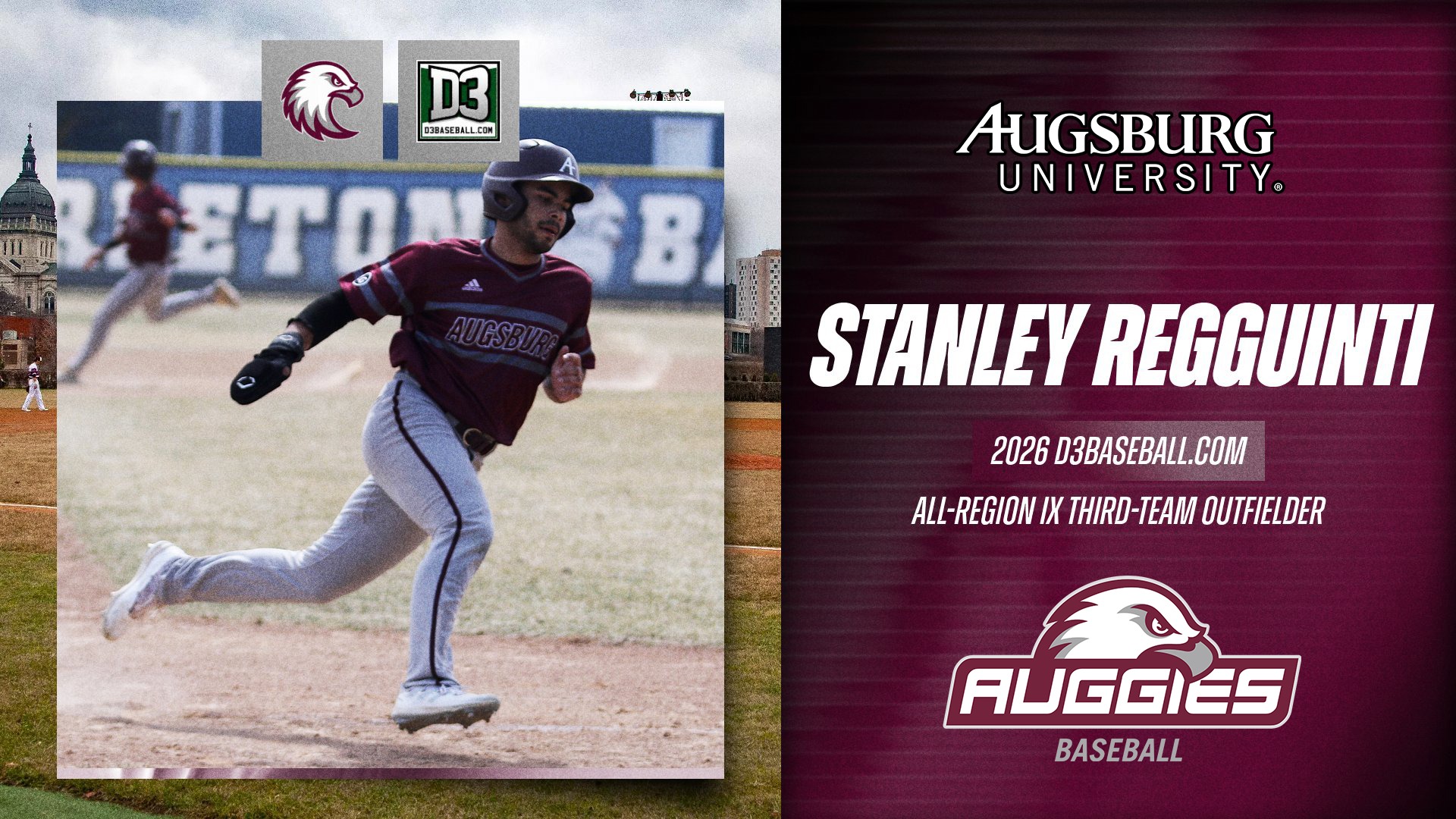 Stanley Regguinti rounds third base during a 2026 Augsburg baseball game. On the photo are the Augsburg eagle, Augsburg baseball, Augsburg University and D3baseball.com and the text: 