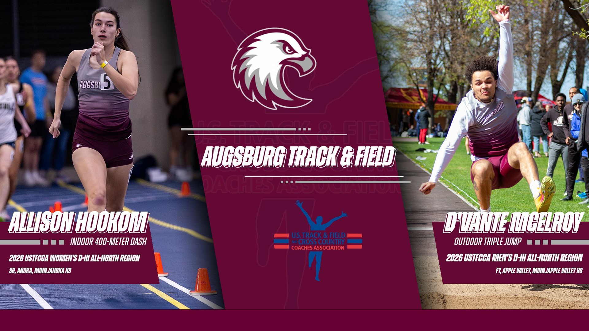 Action shots of Allison Hookom and D'Vante McElroy. On the image are the Augsburg eagle and USTFCCCA logos, and the text: 