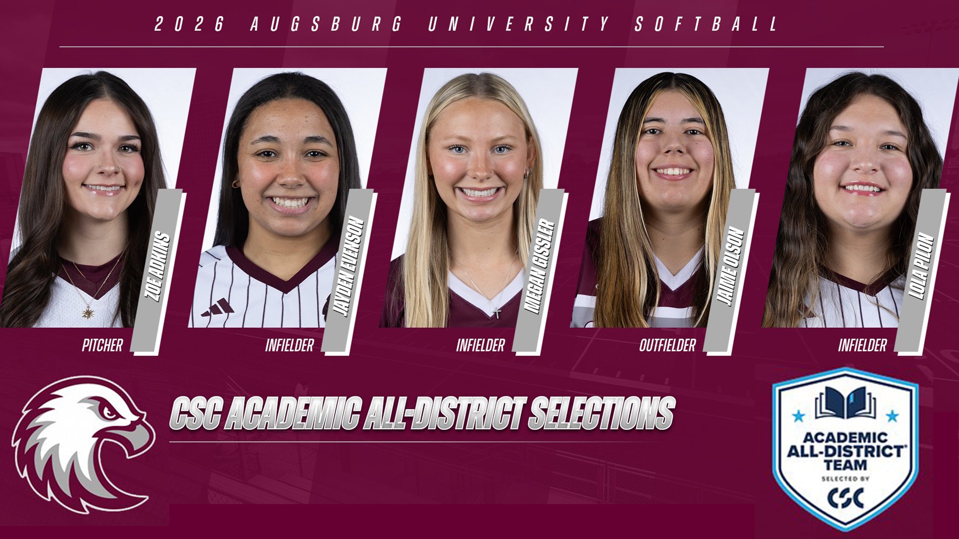 Mugshots of five Augsburg softball players. On the image are the Augsburg eagle and CSC Academic All-District logos, and the text: 