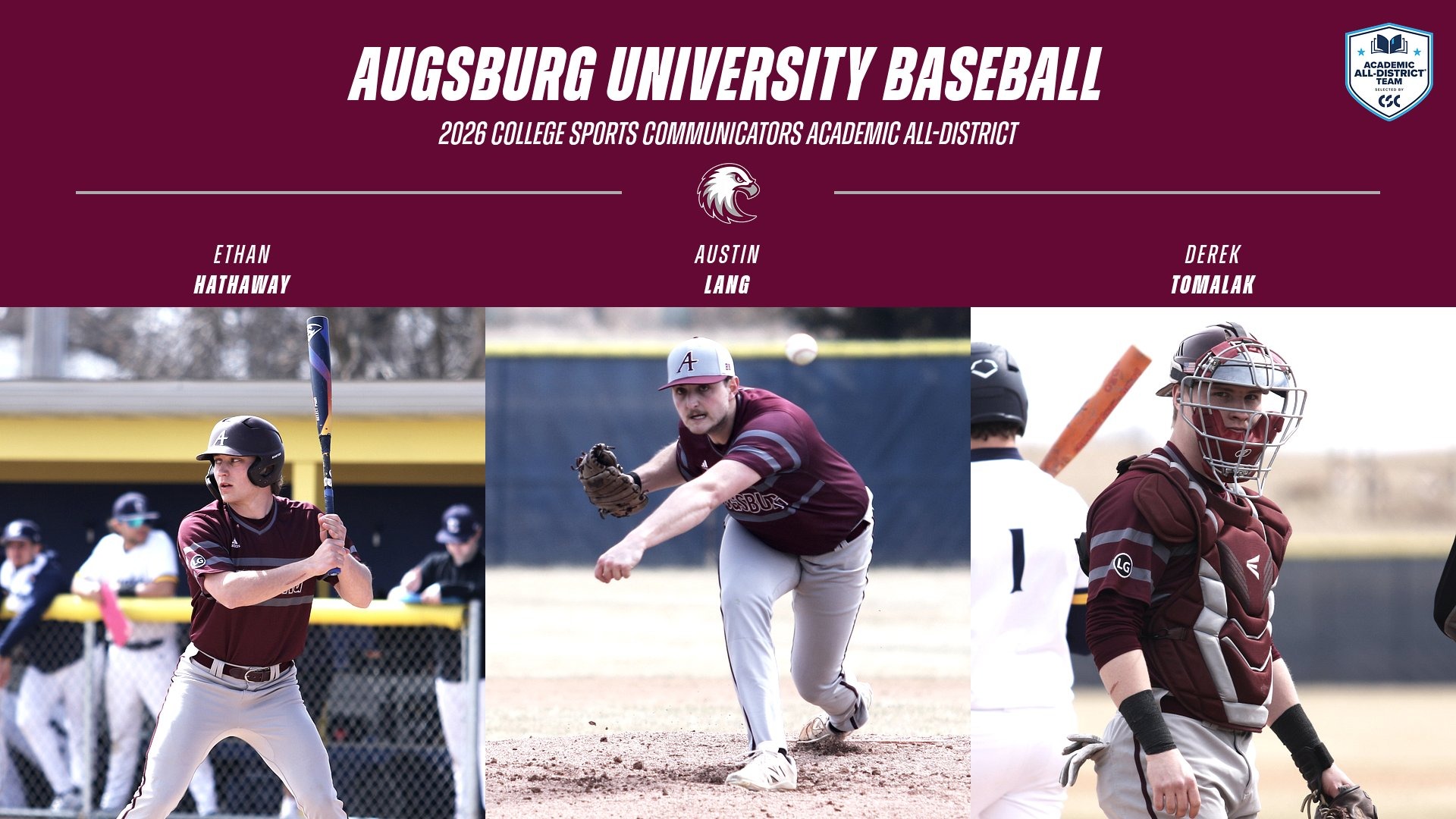 Action photos of Augsburg's Ethan Hathaway, Austin Lang and Derek Tomalak. On the photo are the Augsburg eagle and Academic All-District logos, and the text: 
