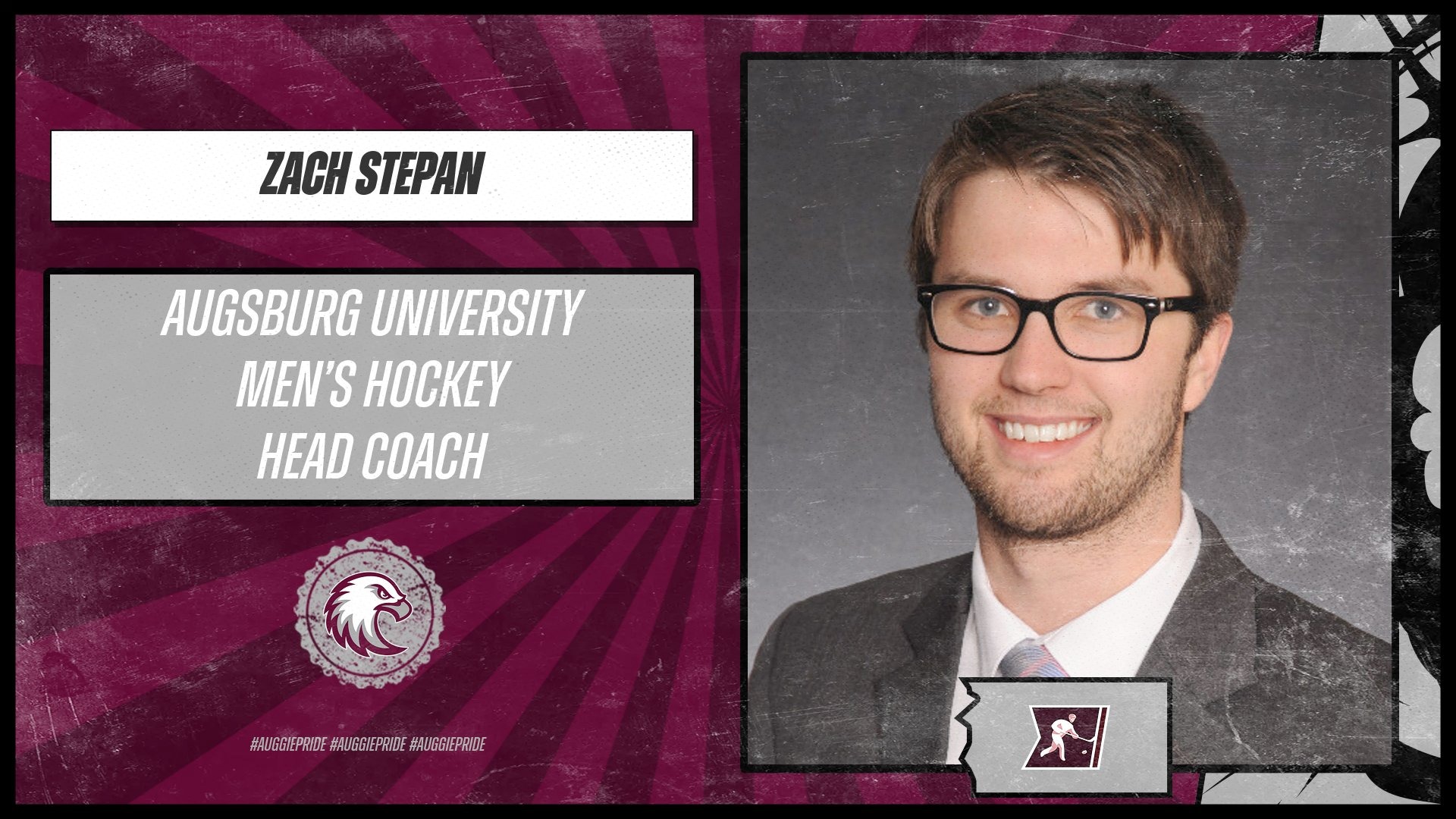 Mugshot photo of Zach Stepan. On the photo are the Augsburg eagle and NCAA hockey logos, and the text: 