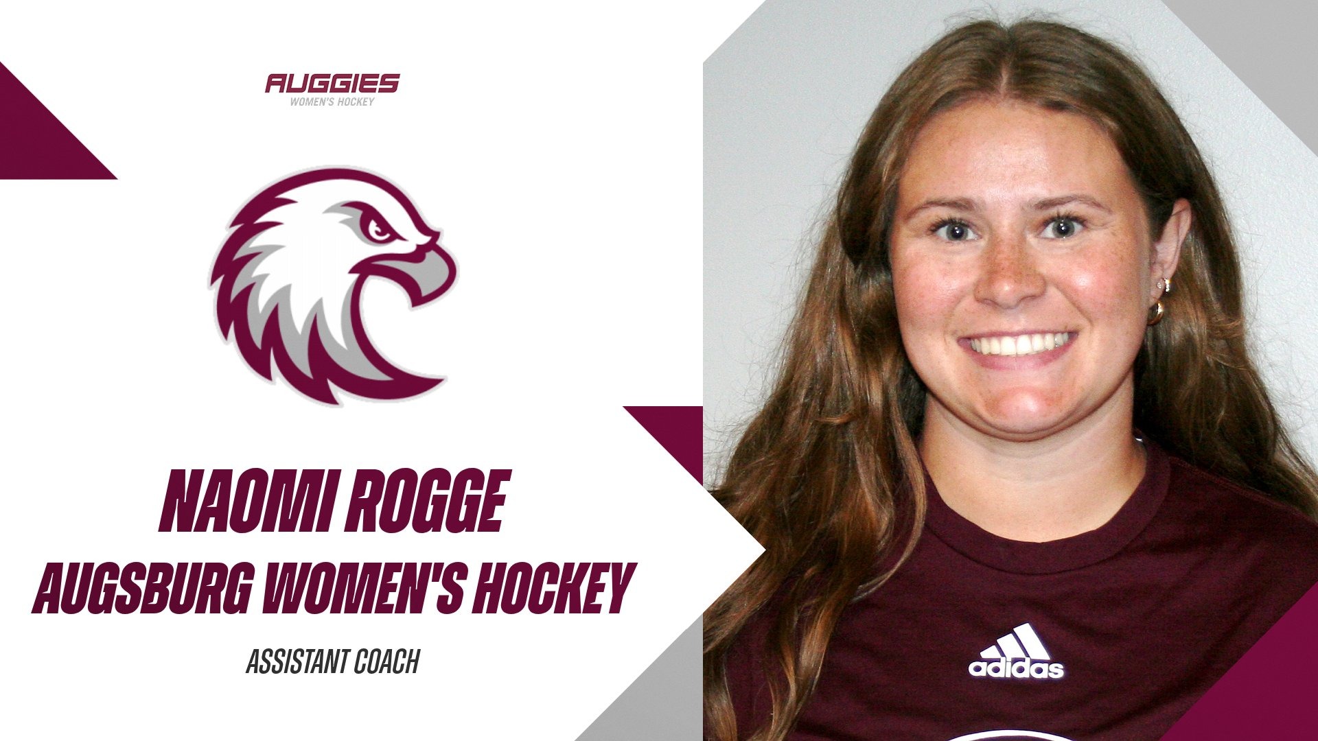 Mugshot of Naomi Rogge. On the photo are the Augsburg eagle and Augsburg women's hockey and the text: 