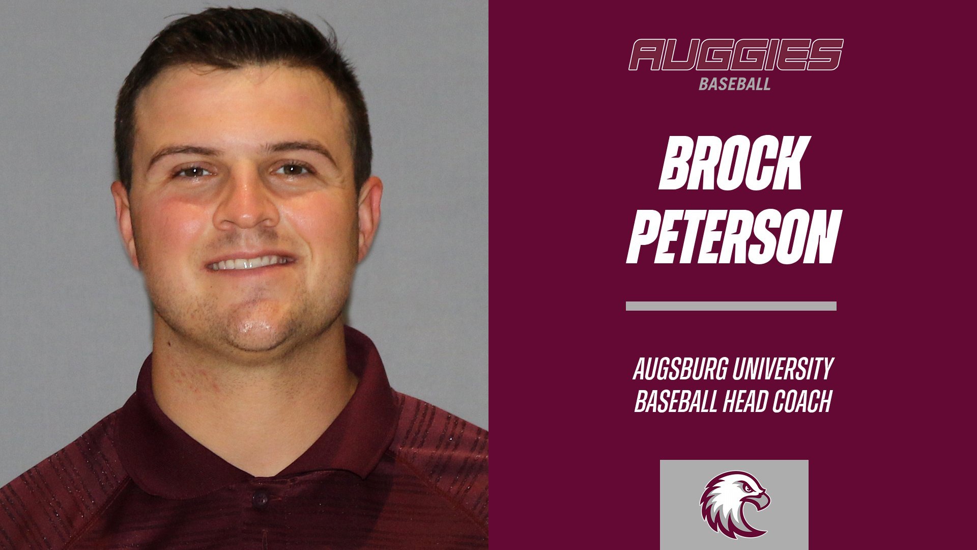Mugshot of Brock Peterson. On the image are the Augsburg baseball and Augsburg Eagle logos, and the text: 