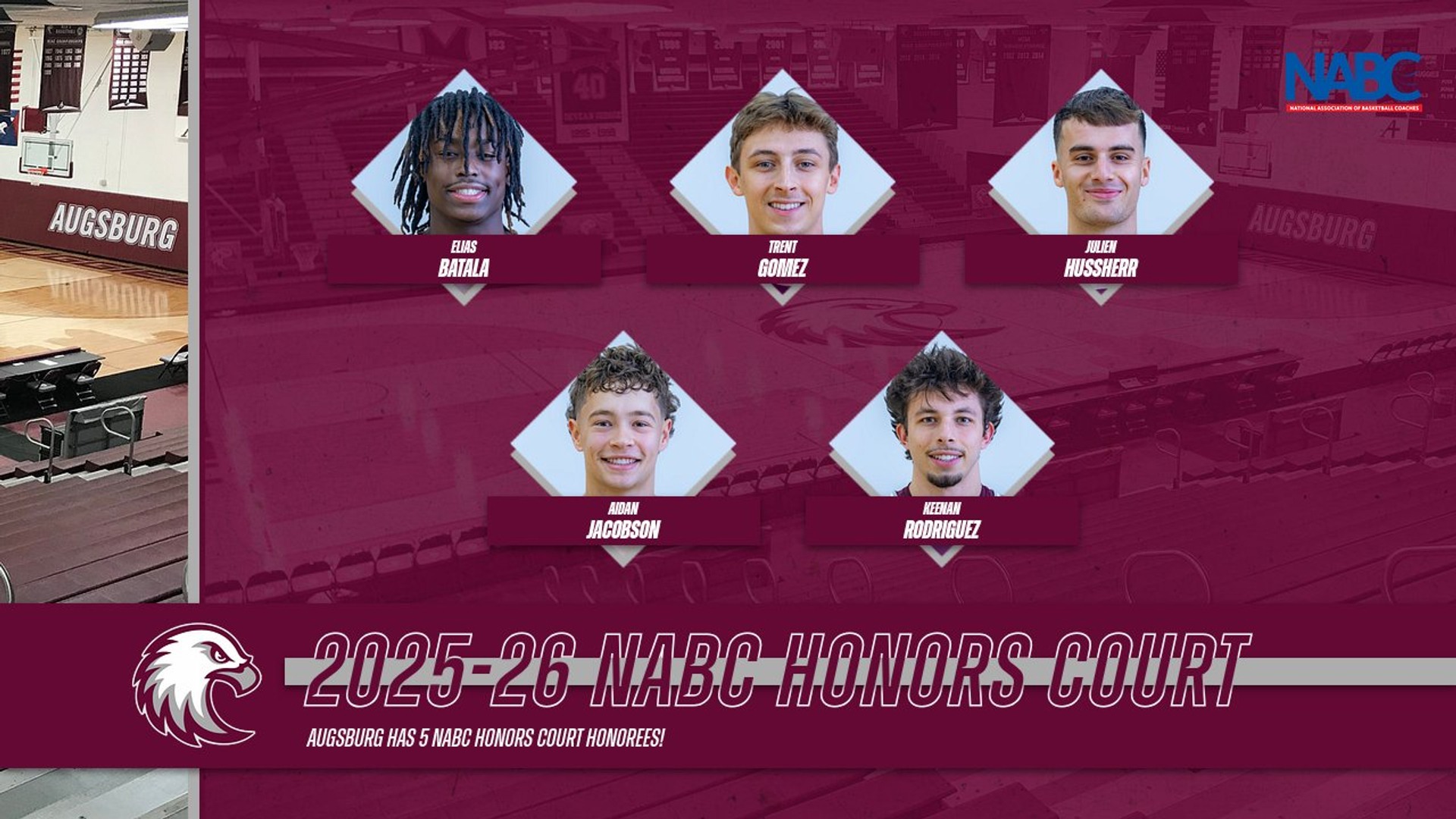 Mugshots of Elias Batala, Trent Gomez, Julien Hussherr, Aidan Jacobson and Keenan Rodriguez. On the graphic are the Augsburg Eagle and the NABC logos, and the text: 