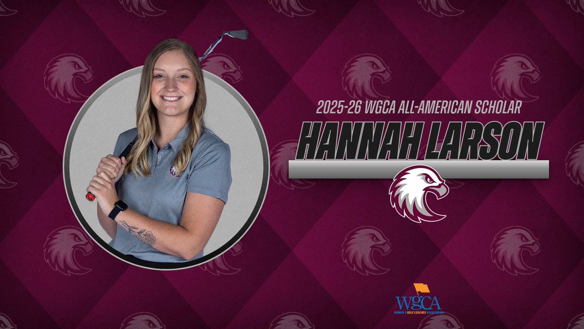 Posed photo of Hannah Larson. On the image are the Augsburg eagle and WGCA logos, and the text: 