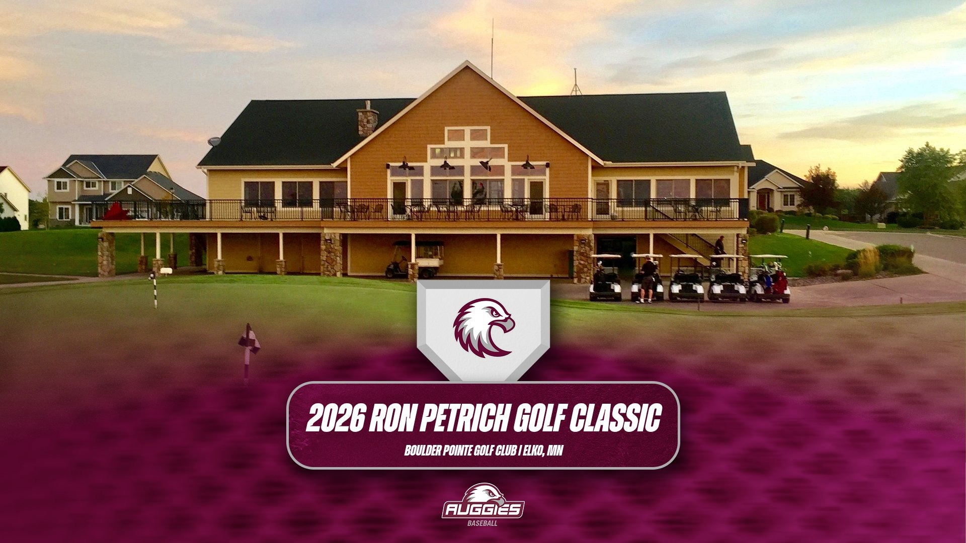 A shot of the Boulder Pointe Golf Club clubhouse. On the photo are the Augsburg eagle and Augsburg baseball graphics, and the text: 